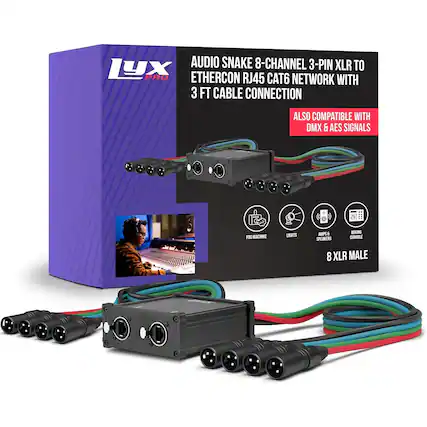 AUDIO SNAKE 8-CHANNEL 3-PIN XLR TO ETHERCON RJ45 CAT6 NETWORK WITH 3 FT CABLE CONNECTION
ALSO COMPATIBLE WITH DMX & AES SIGNALS
FOG MACHINE LIGHTS AMPS MIXING SPEAKERS CONSOLE
8 XLR MALE