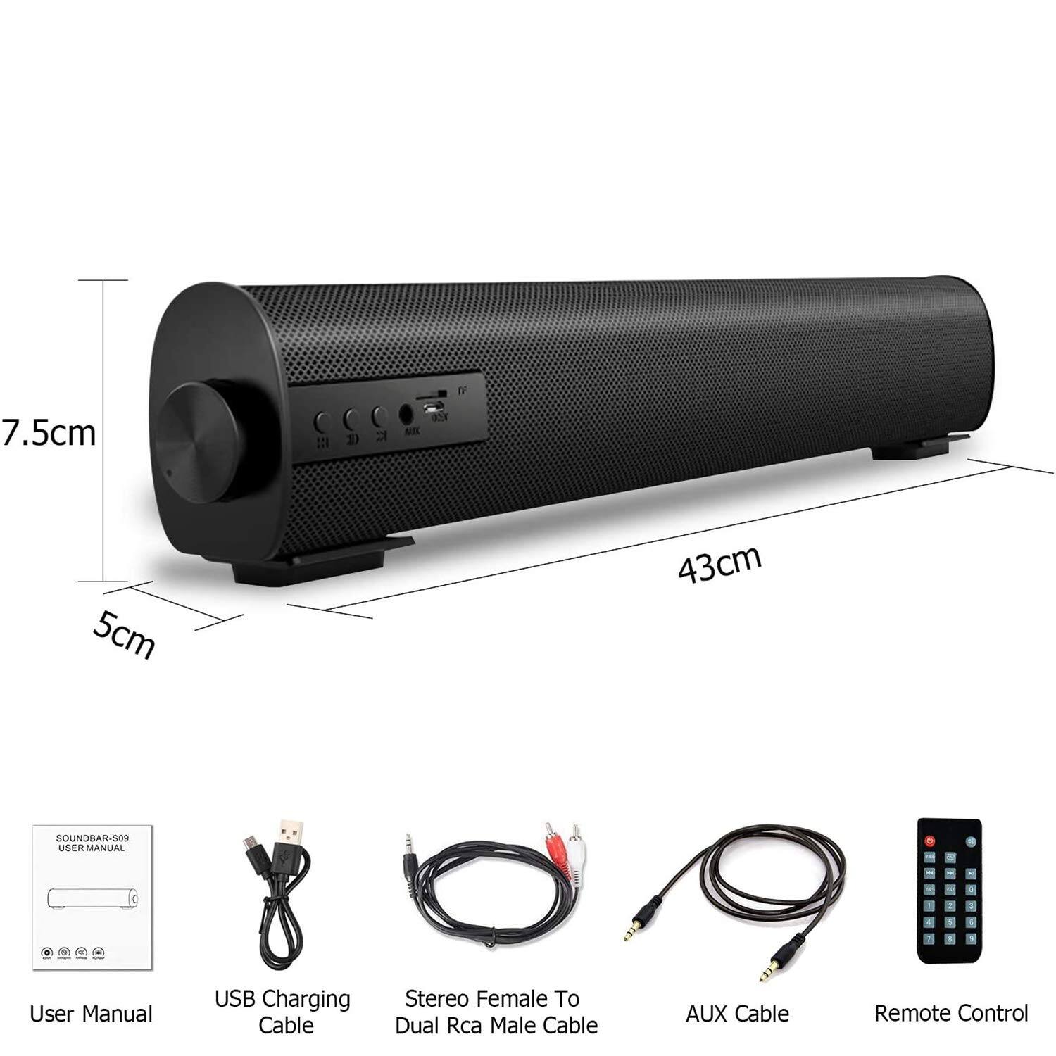 Sure, here is the corrected and grouped text:

---

**SOUND BAR-SO99 USER MANUAL**

- **Dimensions:**
  - Length: 43 cm
  - Height: 7.5 cm
  - Depth: 5 cm

- **Included Accessories:**
  - User Manual
  - USB Charging Cable
  - Stereo Female To Dual RCA Male Cable
  - AUX Cable
  - Remote Control

---