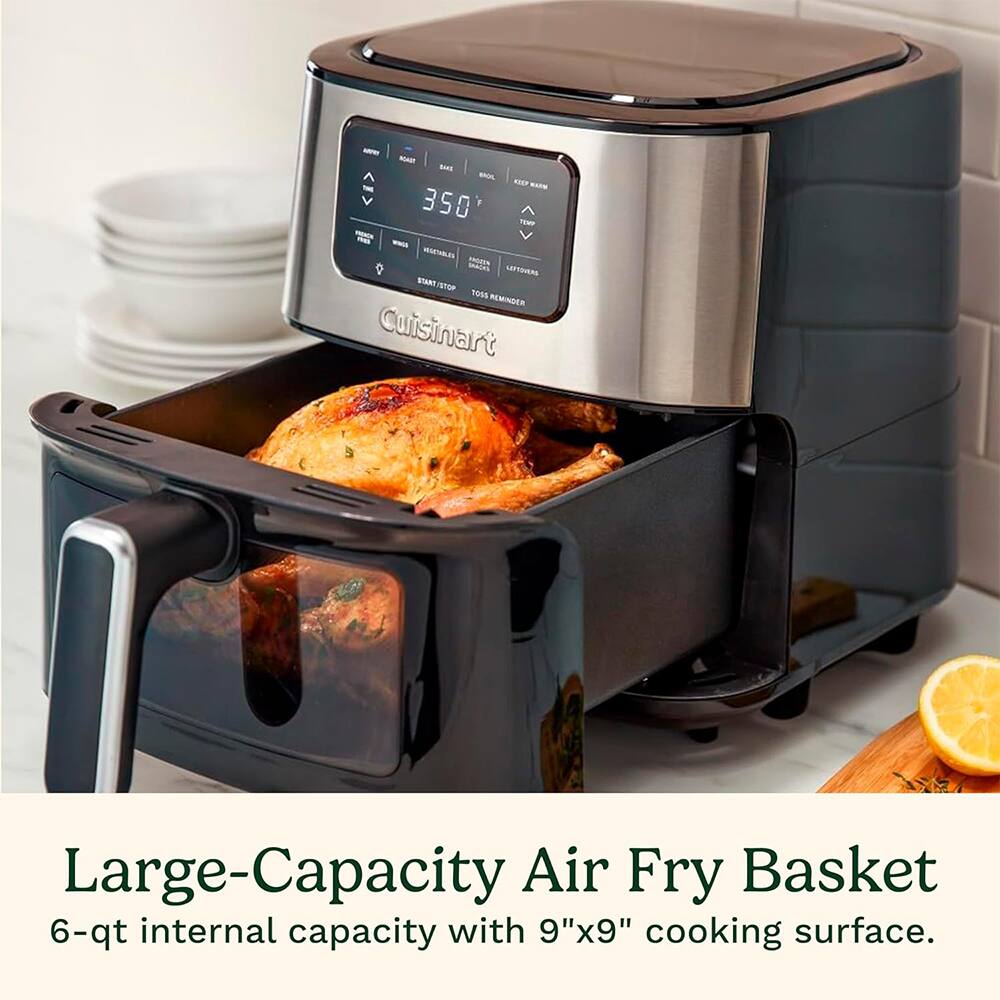 - -Ar - - .P - V 350 F mW POLL - MESETHALES - CEPTOER START TU 9048 REMINDER Cuisinart Large-Capacity Air Fry Basket 6-qt internal capacity with 9"x9" cooking surface.