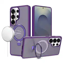 Kitcheniva - Rugged Cover Metal Circle Ring Stand Phone Case With Tempered Glass For Samsung Galaxy S26 Ultra - Dark Purple