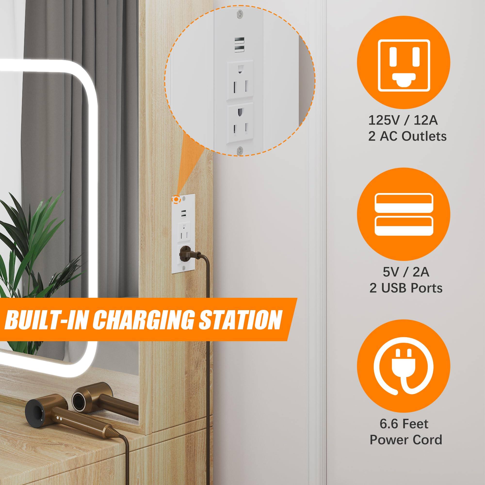 125V / 12A  
2 AC Outlets  
5V / 2A  
2 USB Ports  
BUILT-IN CHARGING STATION  
6.6 Feet Power Cord