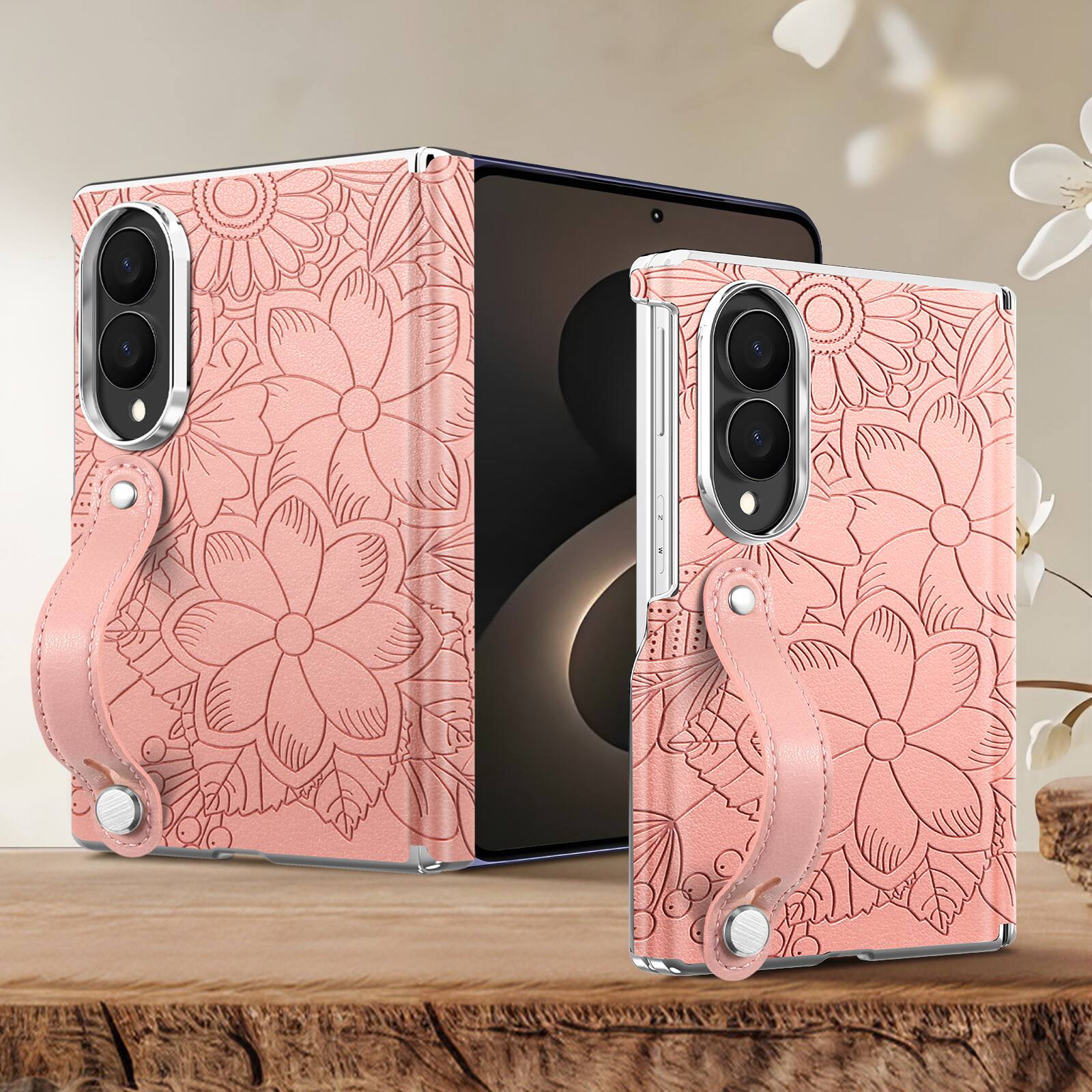 Alt View 3. Dteck - Shockproof Case for Samsung Galaxy Z Fold8 with Wristband, Floral Leather Texture Rigid Plastic Hinge Protective Cover - Pink.
