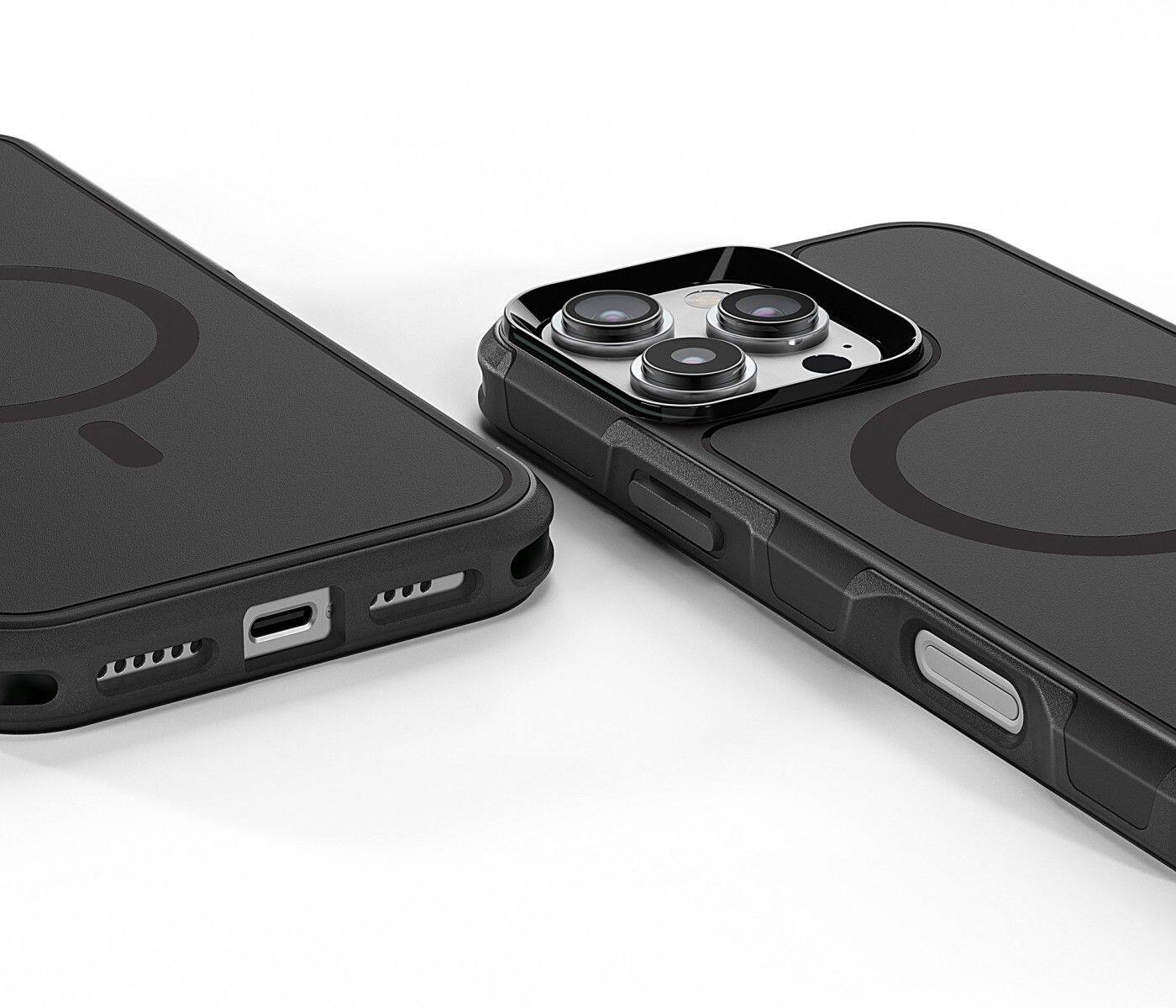 Angle. BEARSOLIM - Dual Layer MagSafe Compatible Rugged Armor Protective Case made for iPhone 16 Pro - black.