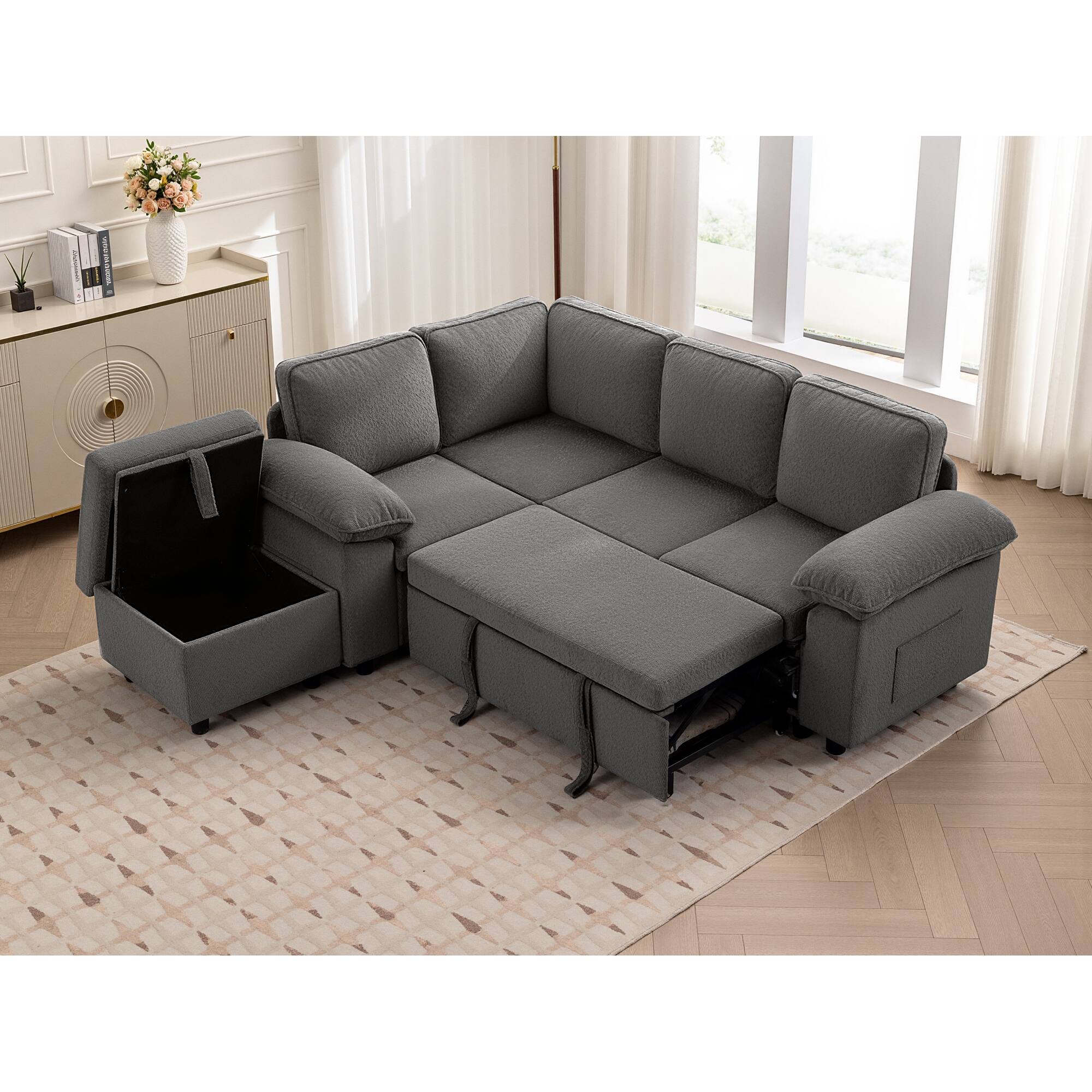 Alt View 4. KERDOM - Combined Convertible L-Shape Sofa with Storage Chaise for Living Room, Modular Sectional Sleeper Couch with Pull Out Bed - Grey-D.