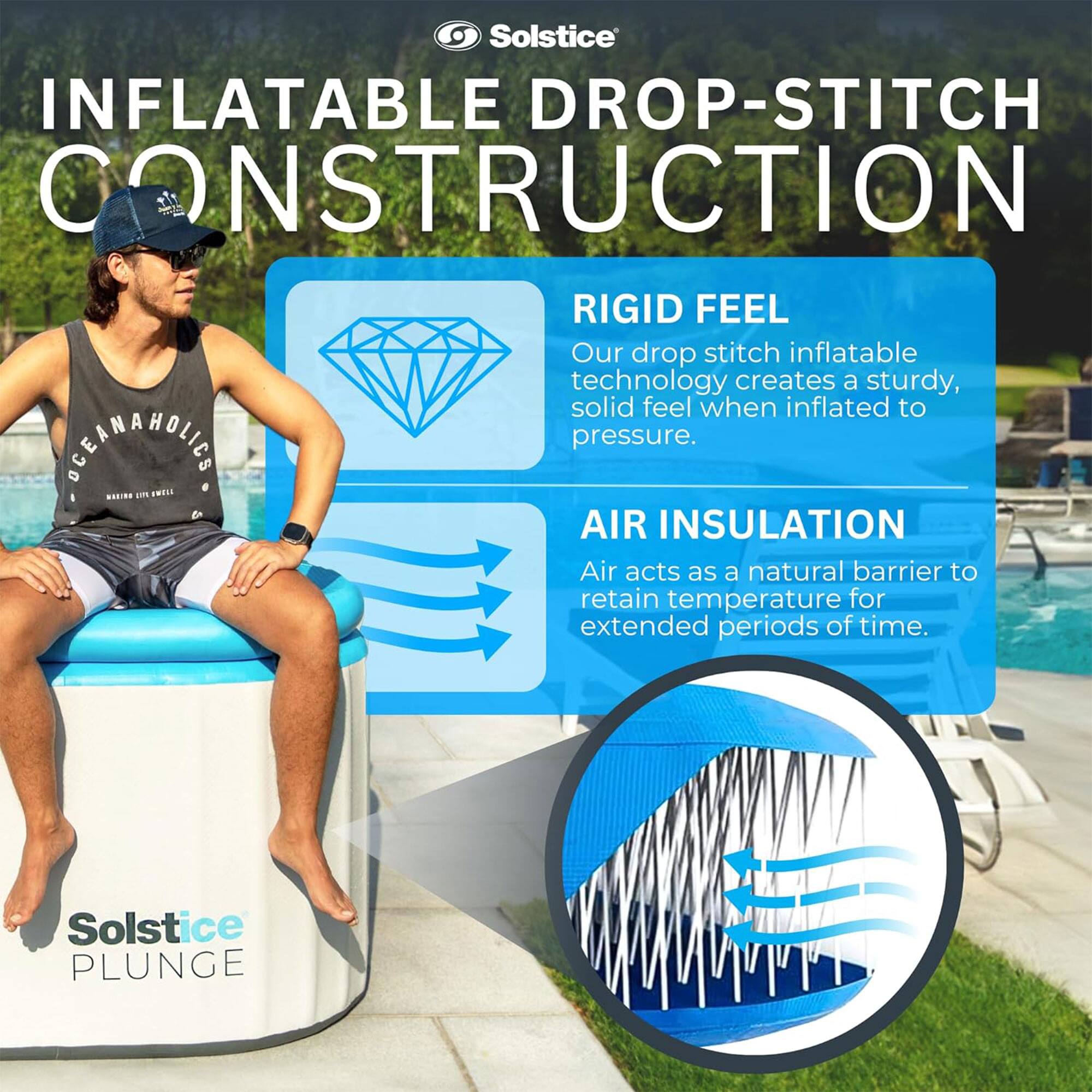 **Solstice Plunge**

**Inflatable Drop-Stitch Construction**

- **Rigid Feel**  
  Our drop stitch inflatable technology creates a sturdy, solid feel when inflated to pressure.

- **Air Insulation**  
  Air acts as a natural barrier to retain temperature for extended periods of time.