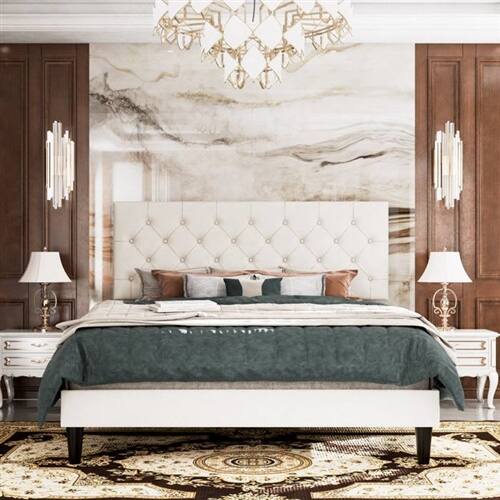 Back. SlickBlue - Upholstered Faux Leather Bed with Button-Tufted Headboard for Bedroom - White.