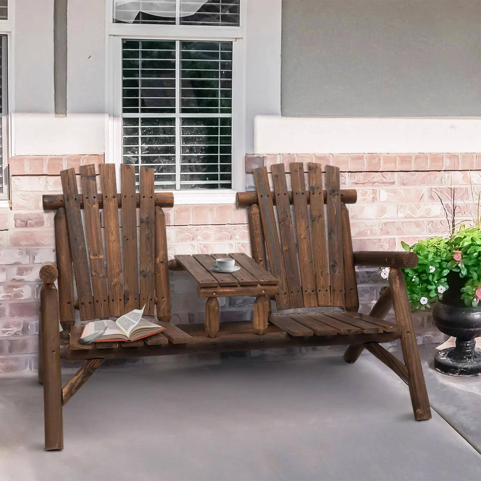 Alt View 8. Resenkos - Resenkos Wooden Adirondack Bench Set with Central Coffee Table, Ideal Outdoor Lounging & Relaxation, Brown - Brown.
