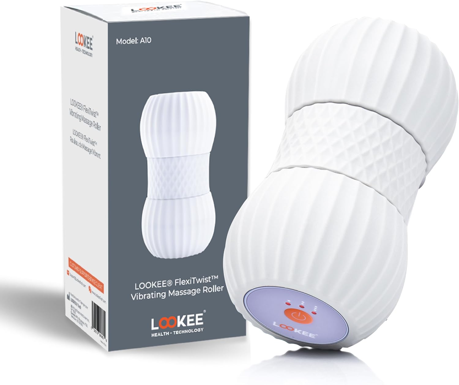 The text on the image is:
"LOOKEE FlexiTwist™ Vibrating Massage Roller
Model: A10
LOOKEE TECHNOLOGY HEALTH"
Corrected and grouped text:
"LOOKEE FlexiTwist™ Vibrating Massage Roller
Model: A10
LOOKEE TECHNOLOGY HEALTH"