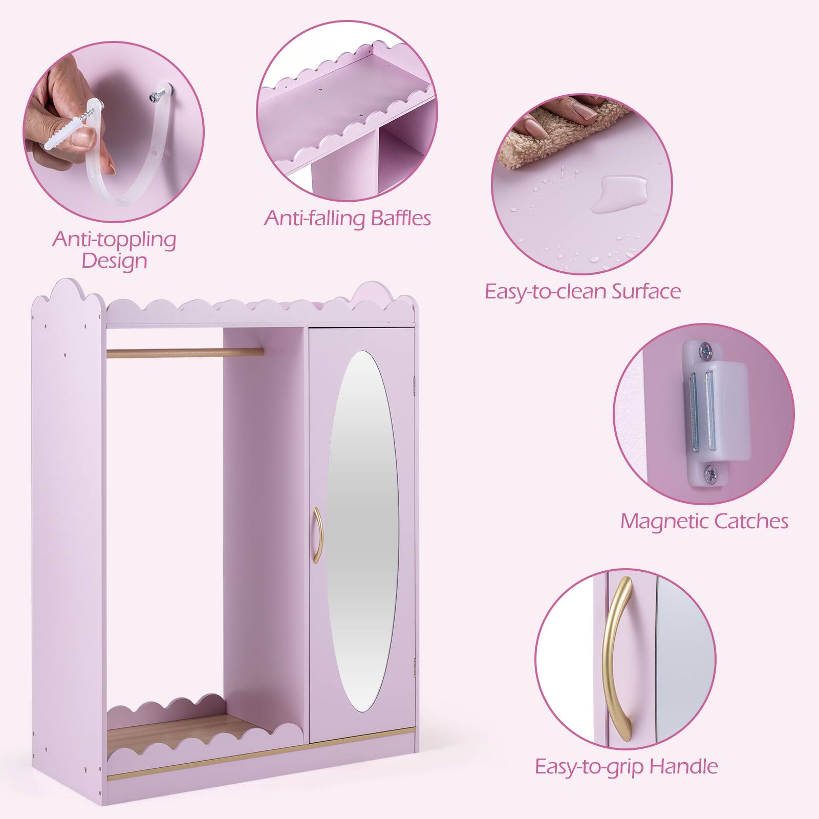 Anti-toppling Design  
Anti-falling Baffles  
Easy-to-clean Surface  
Magnetic Catches  
Easy-to-grip Handle