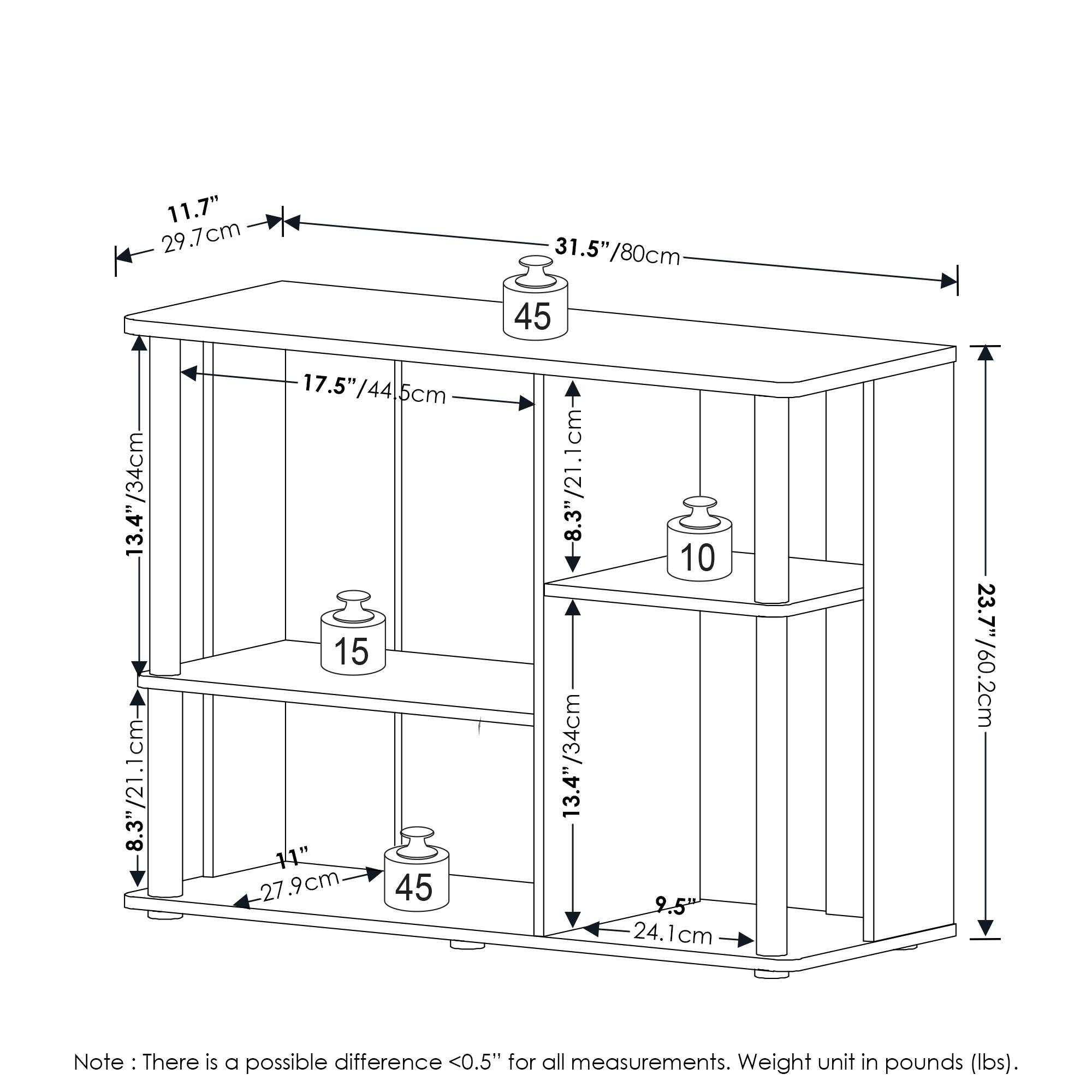 11.7" / 29.7cm  
31.5" / 80cm  
13.4" / 34cm  
8.3" / 21.1cm  
17.5" / 44.5cm  
11" / 27.9cm  
9.5" / 24.1cm  
23.7" / 60.2cm  

Note: There is a possible difference <0.5" for all measurements. Weight unit in pounds (lbs).