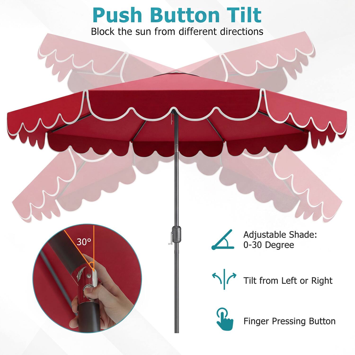 Push Button Tilt  
Block the sun from different directions  

Adjustable Shade: 0-30 Degree  
Tilt from Left or Right  
Finger Pressing Button