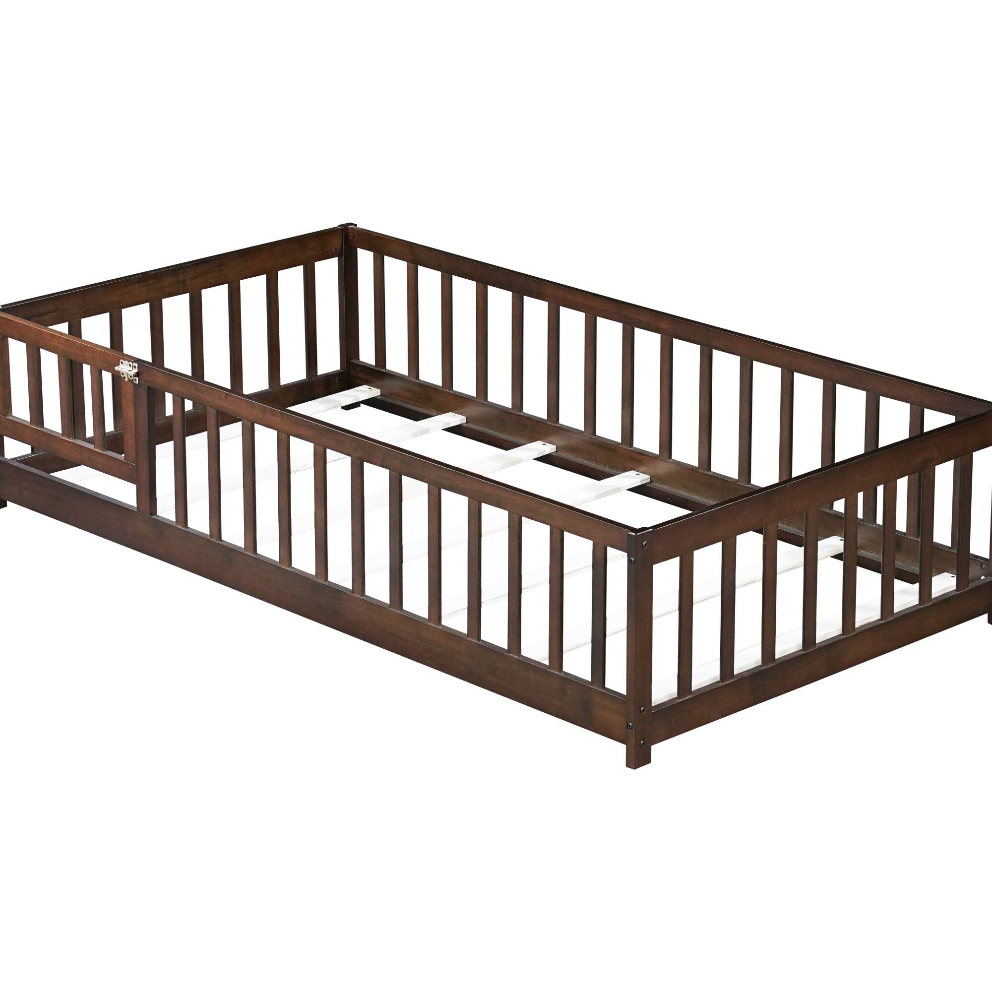 Alt View 6. GOODSILO - Twin Size Low-Profile Children's Floor Bed with Safety Guardrails and Entry Door, Natural Wood Finish - Espresso.