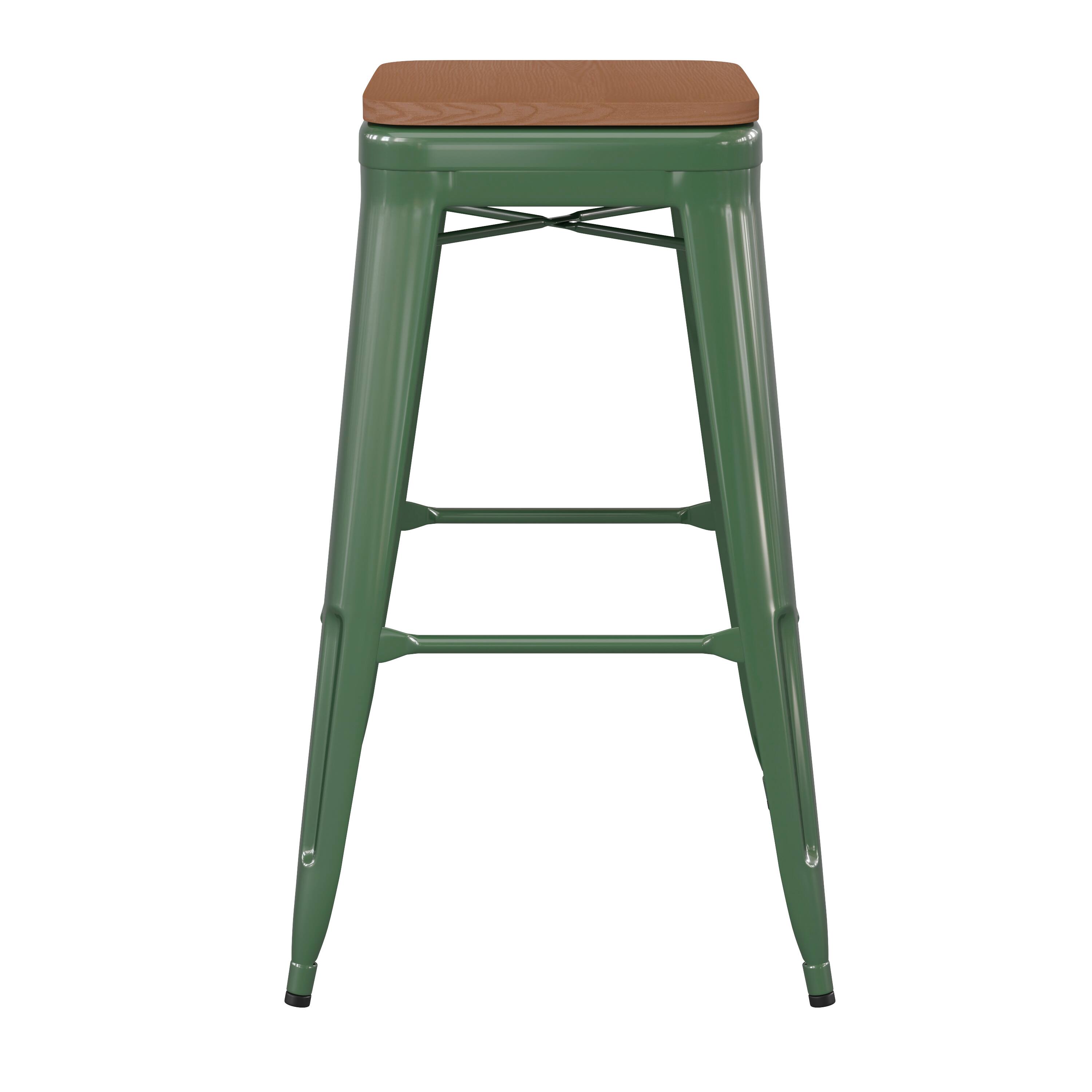 Alt View 10. Emma + Oliver - Kam Backless Metal Indoor-Outdoor Stool with All-Weather Polystyrene Seat - Teak Seat/Green Frame.