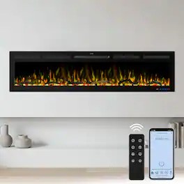 Ihomeadore - 74" Crystal 1500W Heater Smart Recessed Wall Mounted Electric Fireplace with Remote and Alexa/Google Home Support - Black
