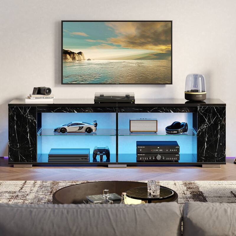 Front. Pinmoco - Pinmoco - 70 inch Gaming TV Stand LED Media Console with Bookshelf and Open Shelving - Marble Black.