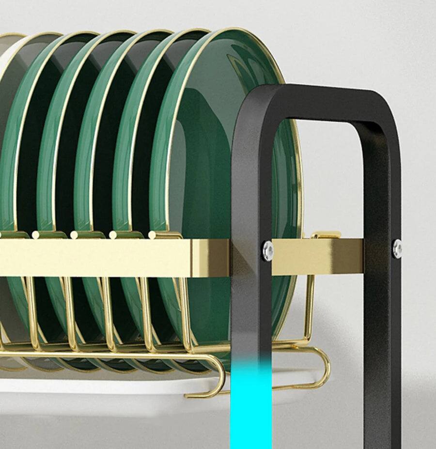 Left. Adivo - 2 tier Dish Drainer Kitchen Counter Dish Rack with Cutlery Holder, Drip Tray-42CM - Black and Gold.