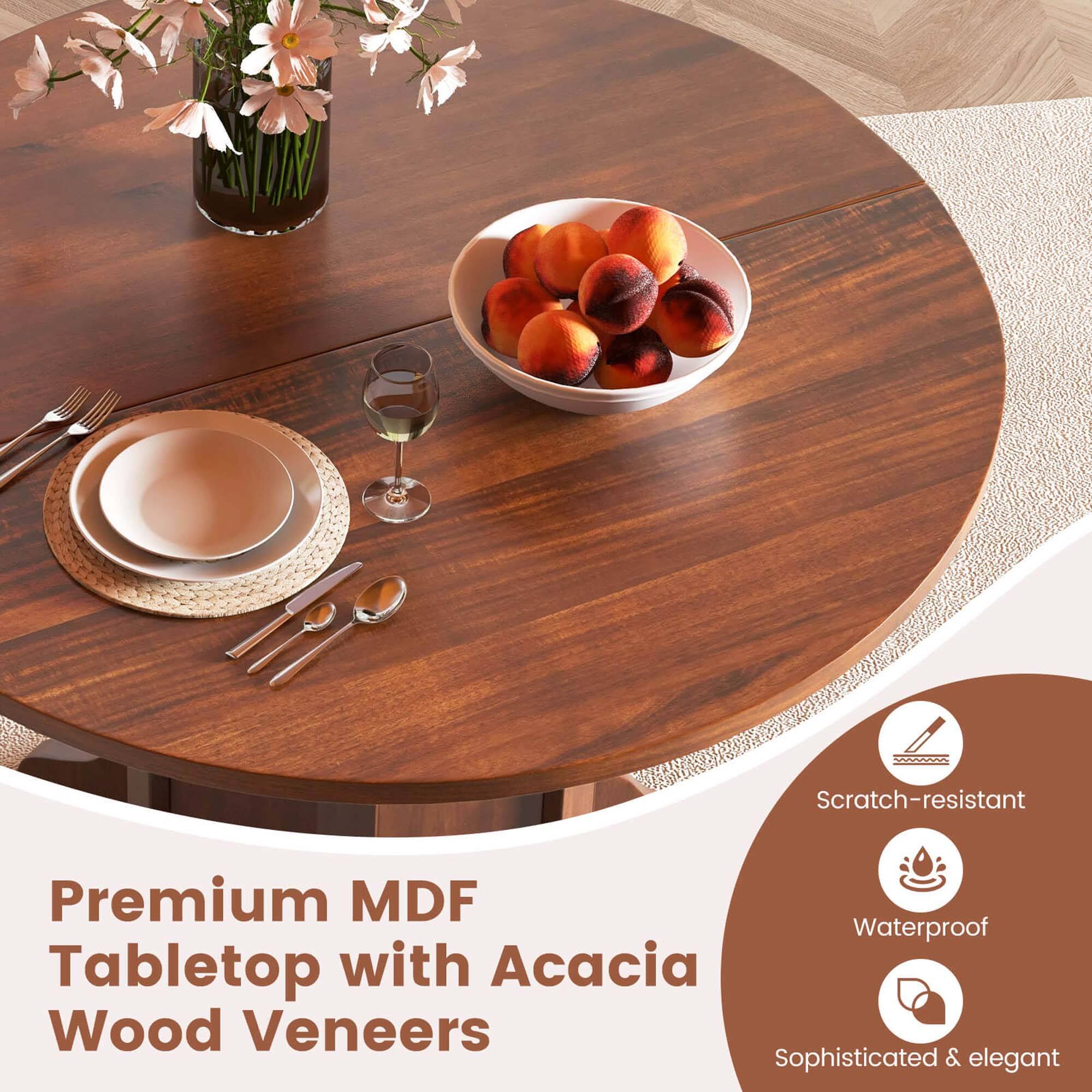 The text on the image is grouped as follows:

1. Scratch-resistant Premium MDF Tabletop with Acacia Wood Veneers
2. Sophisticated & elegant