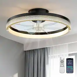 Akofun - 18" Black Bladeless Low Profile Fan Light, Dimmable LED, DC Motor, 6 Speeds, Timer, Remote & APP Control - White