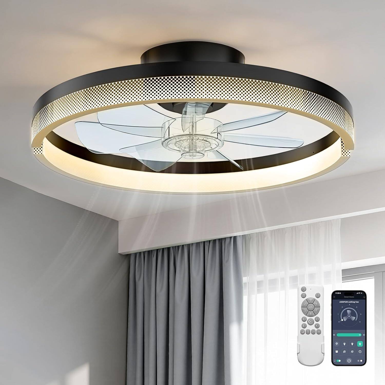 Akofun - 18" Black Bladeless Low Profile Fan Light, Dimmable LED, DC Motor, 6 Speeds, Timer, Remote & APP Control - White