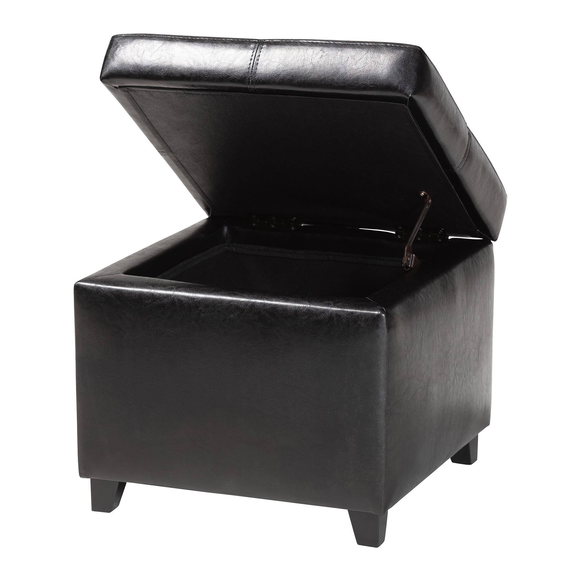 Angle. Baxton Studio - Full Leather Storage Cube Ottoman - Black.