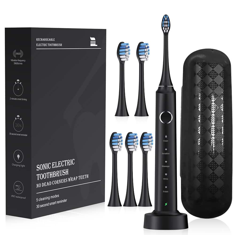 Cluzine - Electric Toothbrush Sonic Inductive Charging Soft Bristles IPX7 Waterproof Multi-Angle Use with 6 Brush Heads - Black
