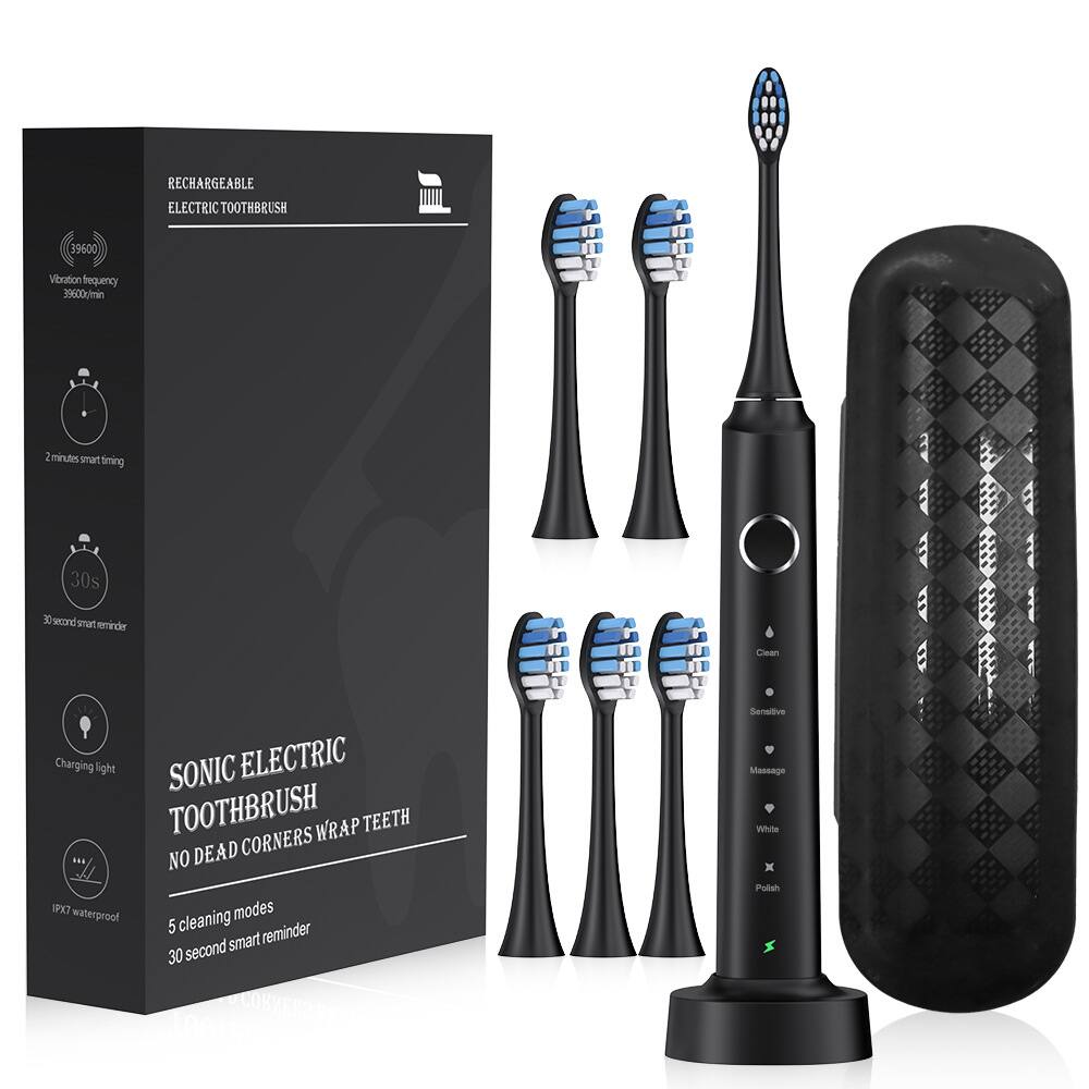 RECHARGEABLE ELECTRIC TOOTHBRUSH

- Vibration frequency: 39600/min
- 2 minutes smart timing
- 30 second smart reminder
- Charging light
- SONIC ELECTRIC TOOTHBRUSH
- NO DEAD CORNERS WRAP TEETH
- 5 cleaning modes
- 30 second smart reminder
- IPX7 waterproof

Clean
Sensitive
Massage
White
Polish