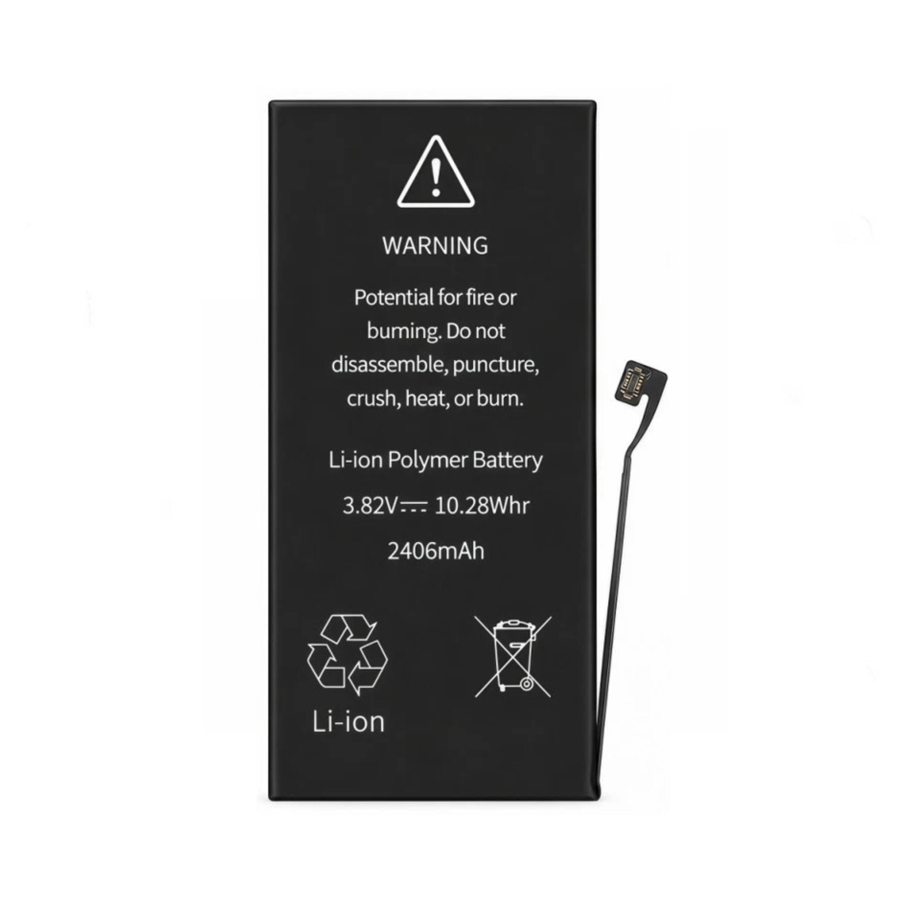 ! WARNING Potential for fire or burning. Do not disassemble, puncture, crush, heat, or burn. Li-ion Polymer Battery 3.82V - 10.28Whr 2406mAh Li-ion