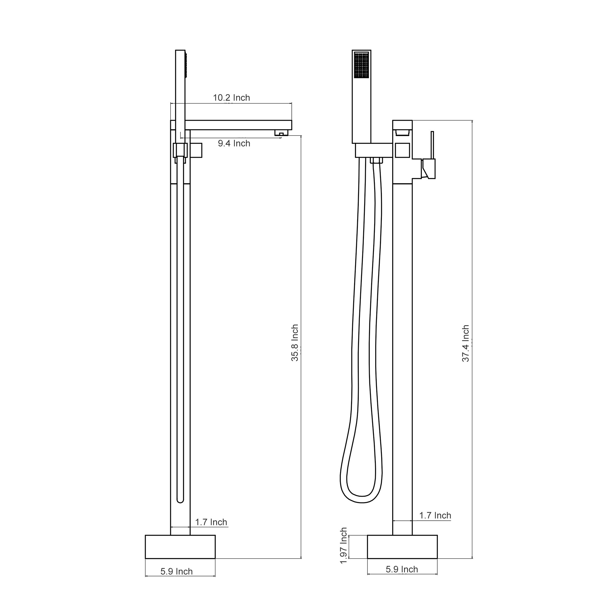 10.2 Inch, 9.4 Inch, 35.8 Inch, 37.4 Inch, 1.7 Inch, 5.9 Inch, 1.97 Inch, 1.7 Inch, 5.9 Inch