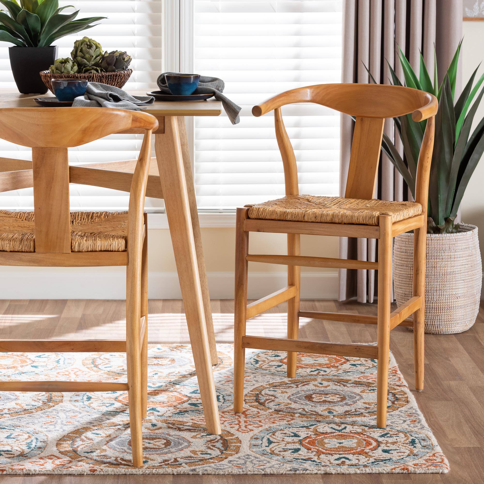 Alt View 4. bali & pari - Fika Counter Stool with Woven Seagrass Seat - Handwoven Wicker Stool with Arms and Wishbone Backrest, Coastal Seating - Honey/Natural Brown.