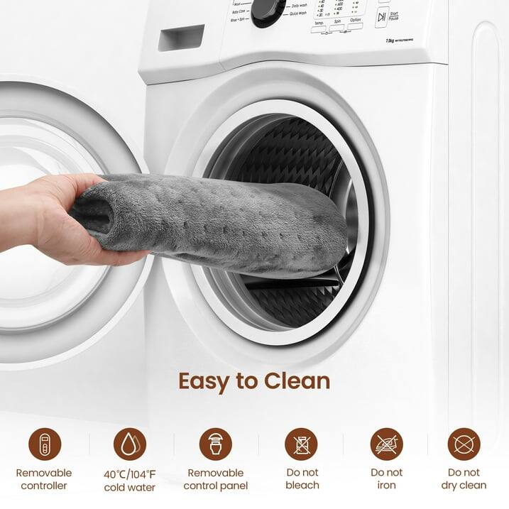 Easy to Clean  
- Removable controller  
- 40°C/104°F cold water  
- Removable control panel  
- Do not bleach  
- Do not iron  
- Do not dry clean