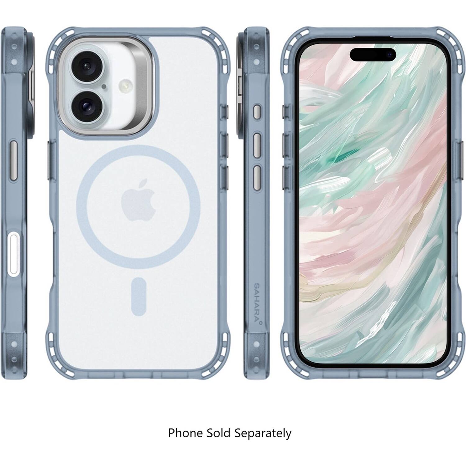 The image features a phone case with a blue and white color scheme. The case is designed for the iPhone and is made of hard plastic. The case is being sold separately, and it is displayed in a way that showcases the back and front of the case. The case is designed to protect the phone from scratches and other damages.