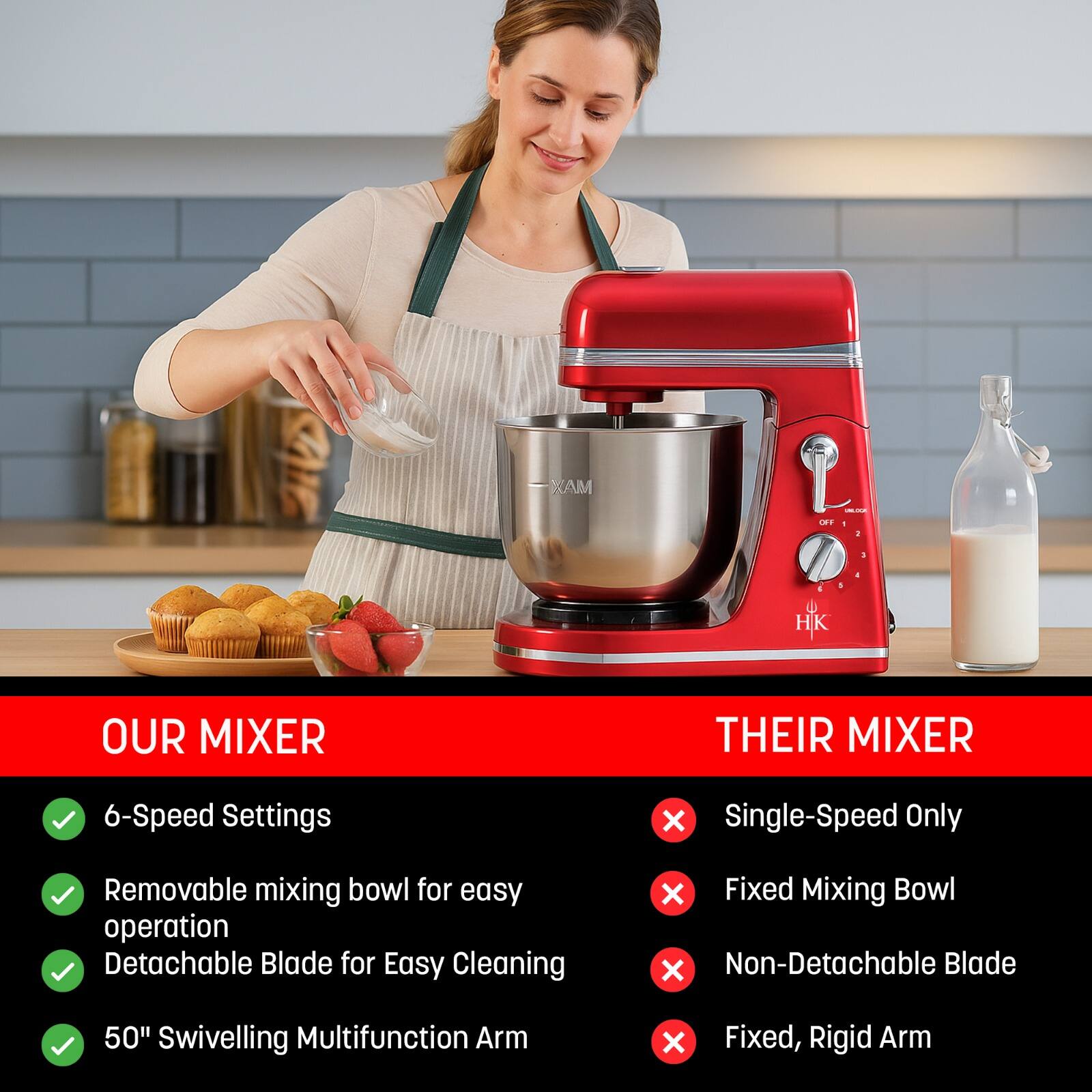 OUR MIXER  
- 6-Speed Settings  
- Removable mixing bowl for easy operation  
- Detachable Blade for Easy Cleaning  
- 50" Swivelling Multifunction Arm  

THEIR MIXER  
- Single-Speed Only  
- Fixed Mixing Bowl  
- Non-Detachable Blade  
- Fixed, Rigid Arm