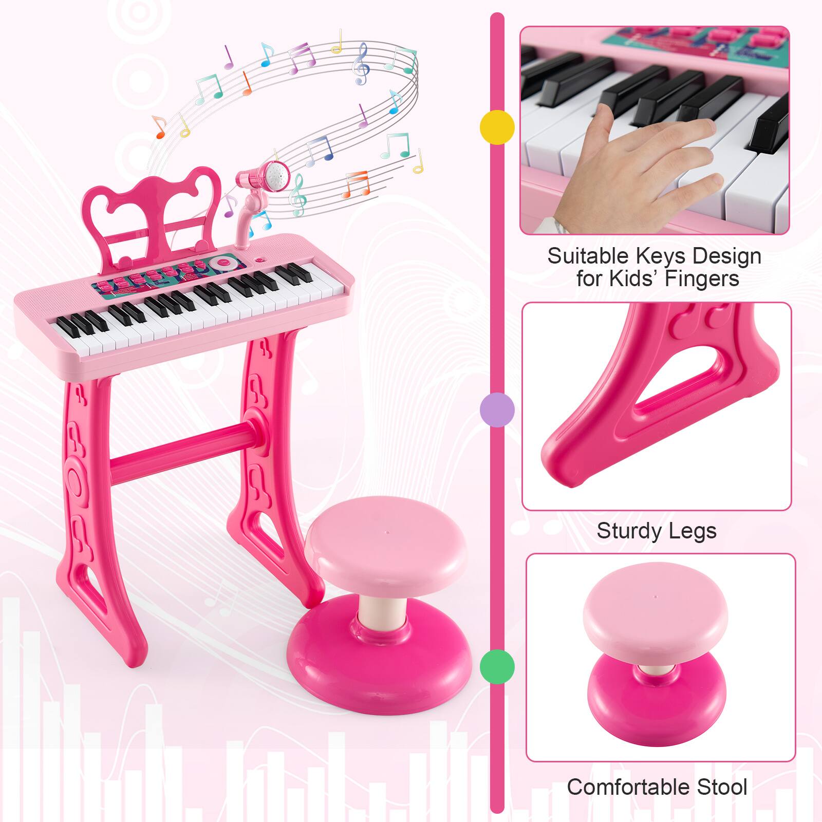The text on the image is grouped and corrected as follows:

"Suitable Keys Design for Kids' Fingers, Sturdy Legs, Comfortable Stool."