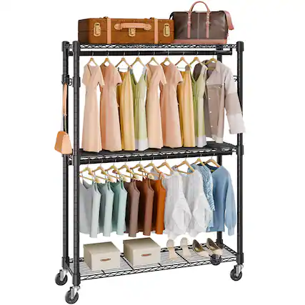 Front. VEVOR - Heavy Duty Clothes Rack, Rolling Clothing Garment Rack with 3 Storage Tiers, 2 Rods and 2 Pairs Side Hooks, 400 Lbs Load - Black.