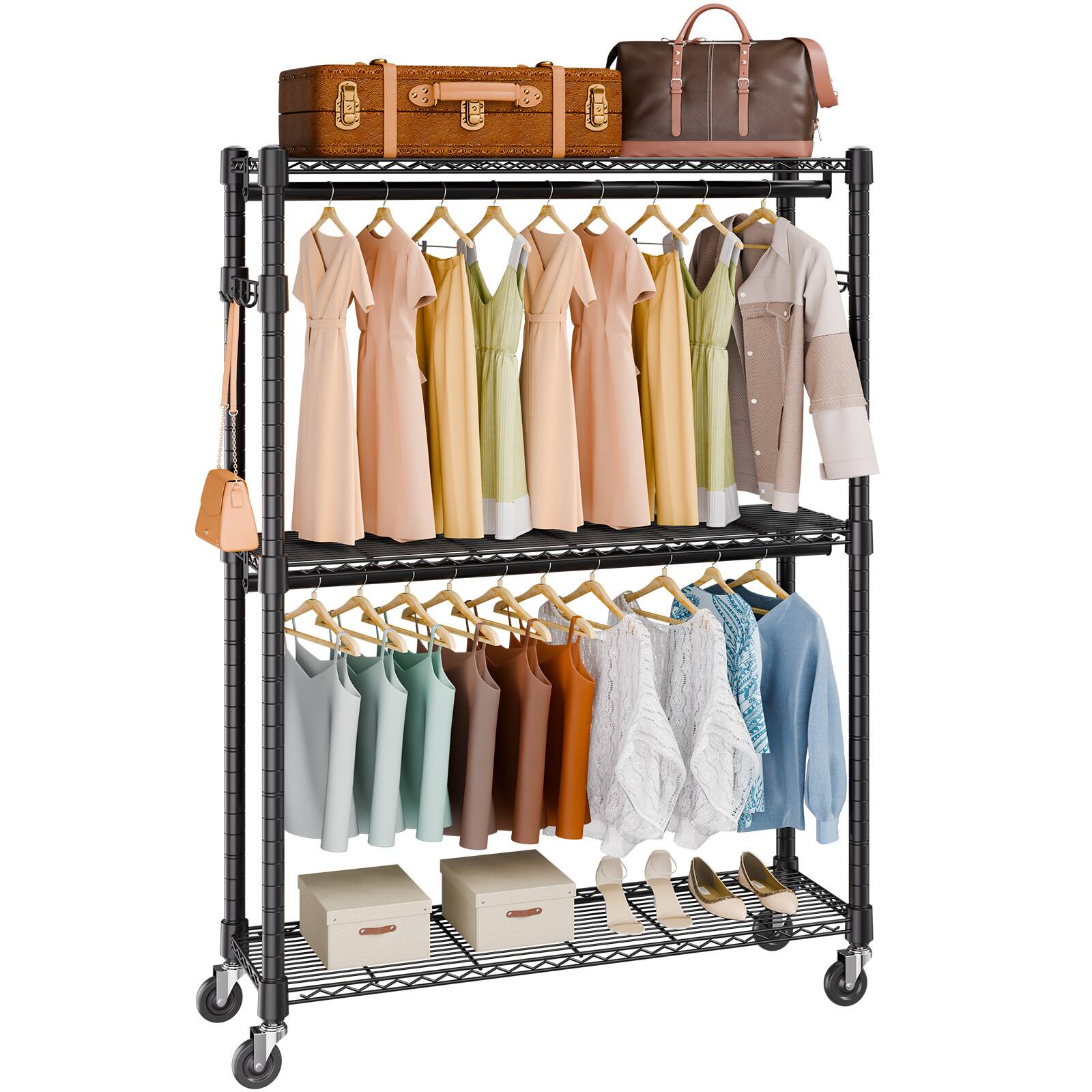 VEVOR - Heavy Duty Clothes Rack, Rolling Clothing Garment Rack with 3 Storage Tiers, 2 Rods and 2 Pairs Side Hooks, 400 Lbs Load - Black