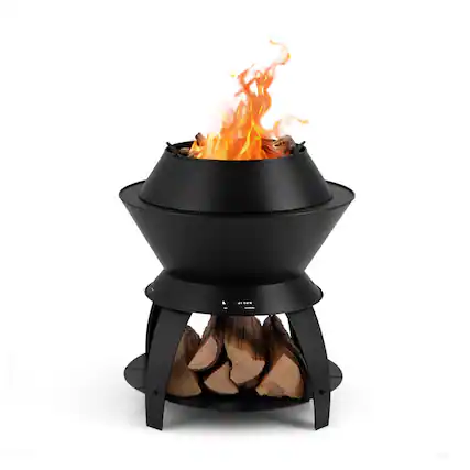 Front. Mondawe - 20 Inch Patio Fire Pit Metal Camping Fire Bowl with Pot Holder and Storage Shelf - Black.