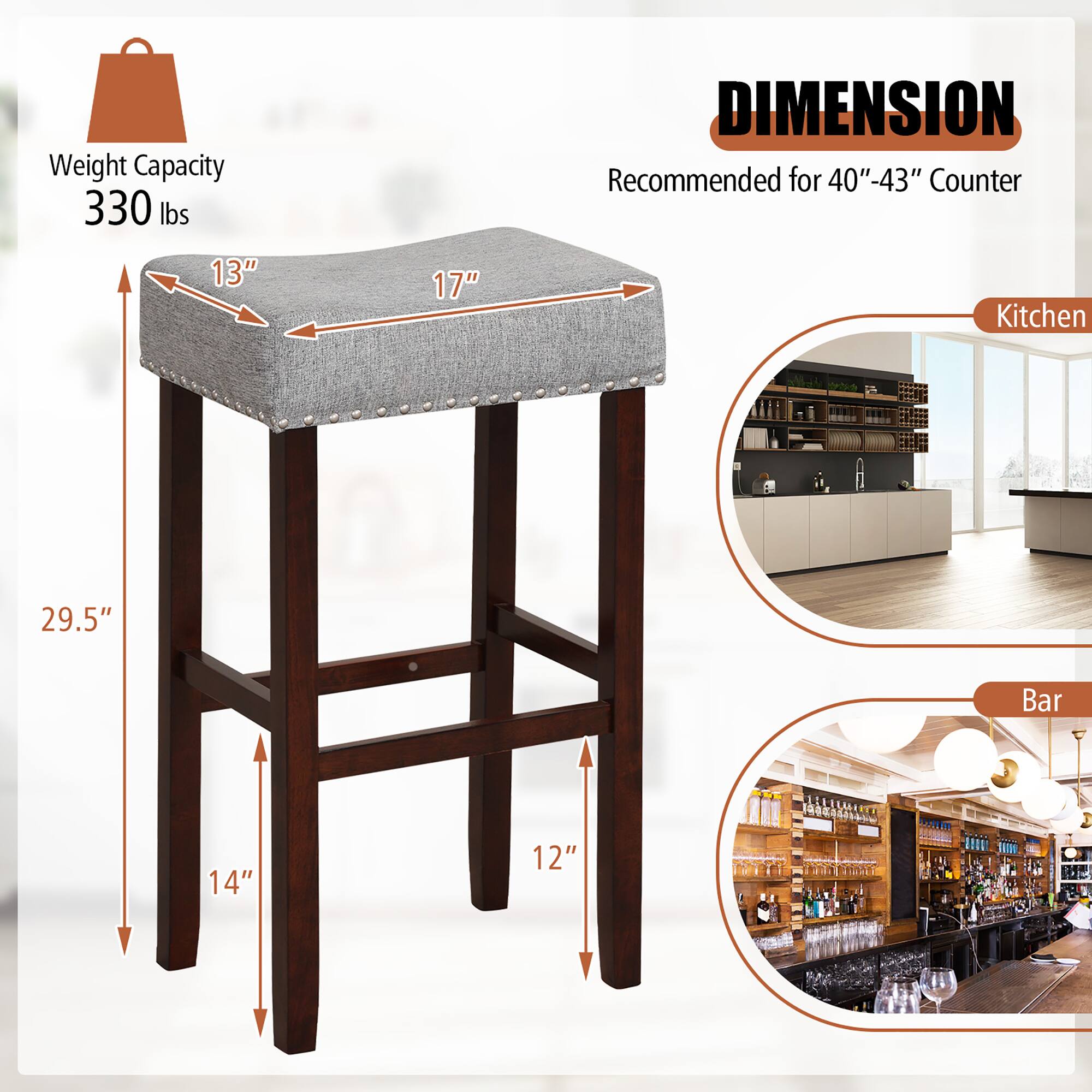 Weight Capacity 330 lbs, DIMENSION, Recommended for 40"-43" Counter, Kitchen, 29.5", Bar, 14", 12", 13", 17"