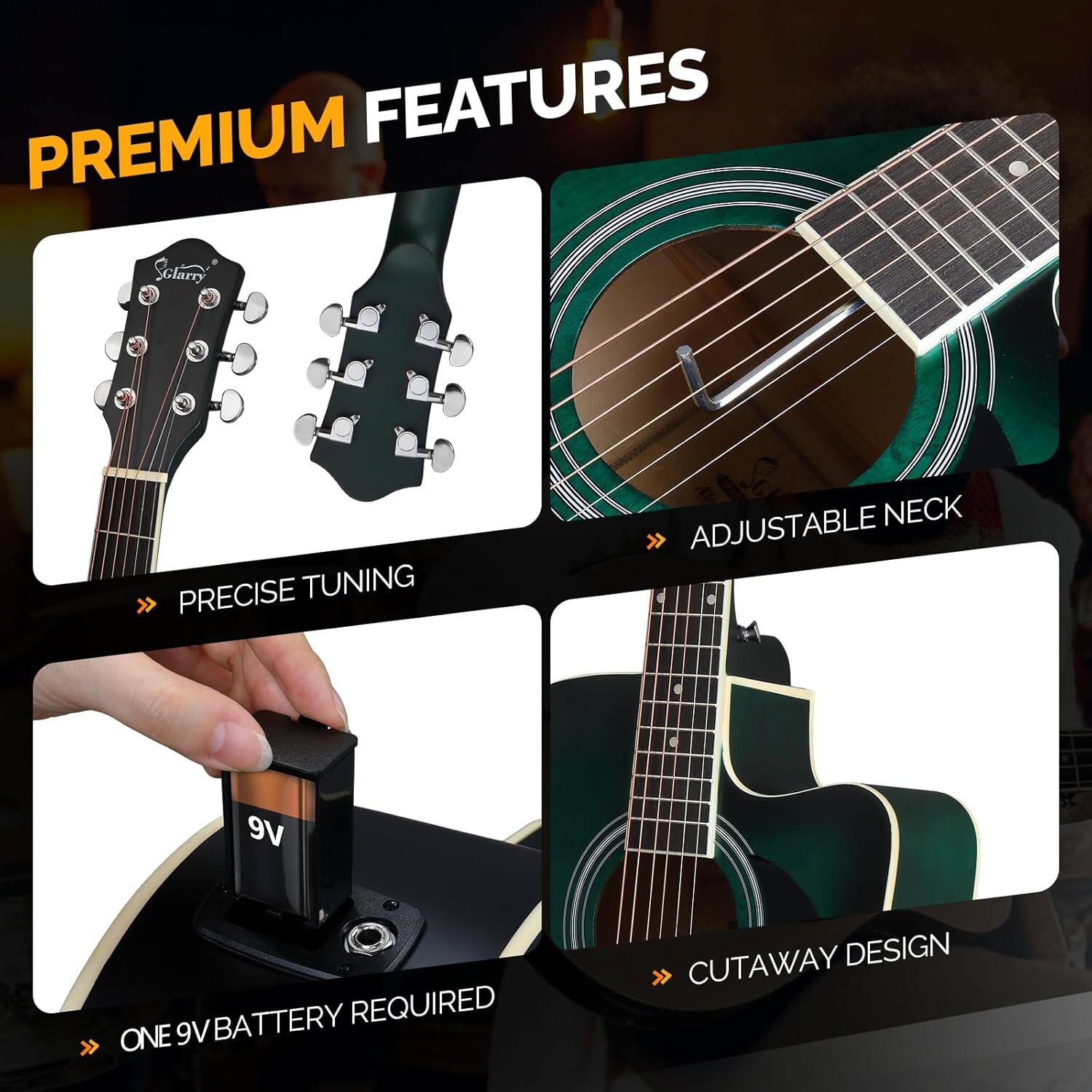 PREMIUM FEATURES

- PRECISE TUNING
- ADJUSTABLE NECK
- ONE 9V BATTERY REQUIRED
- CUTAWAY DESIGN