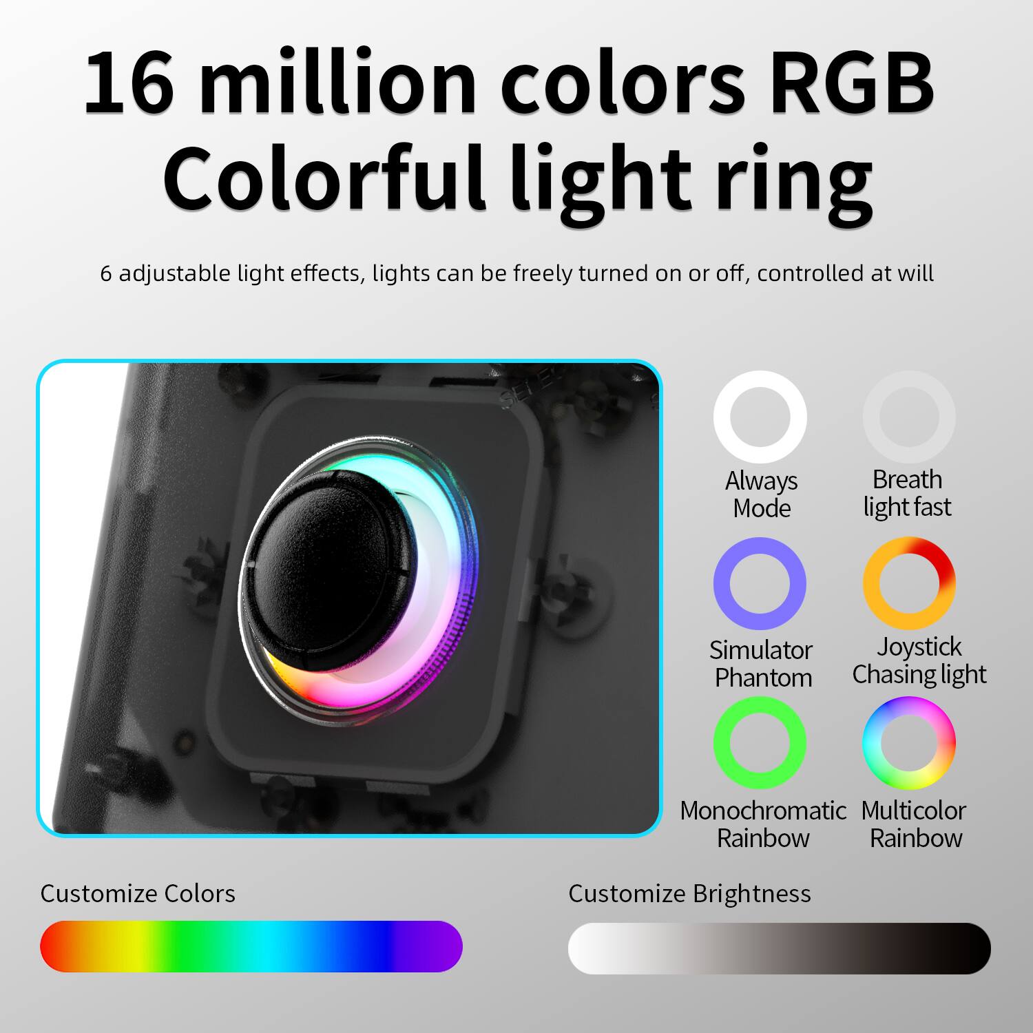 16 million colors RGB Colorful light ring
6 adjustable light effects, lights can be freely turned on or off, controlled at will
Always Mode
Breath light fast
Simulator
Joystick
Phantom
Chasing light
Monochromatic Rainbow
Multicolor Rainbow
Customize Colors
Customize Brightness