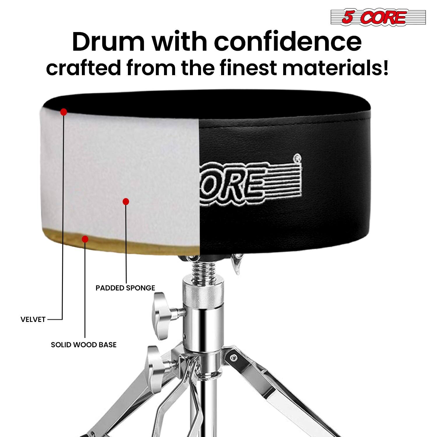 5 CORE

Drum with confidence crafted from the finest materials!

- VELVET
- PADDDED SPONGE
- SOLID WOOD BASE