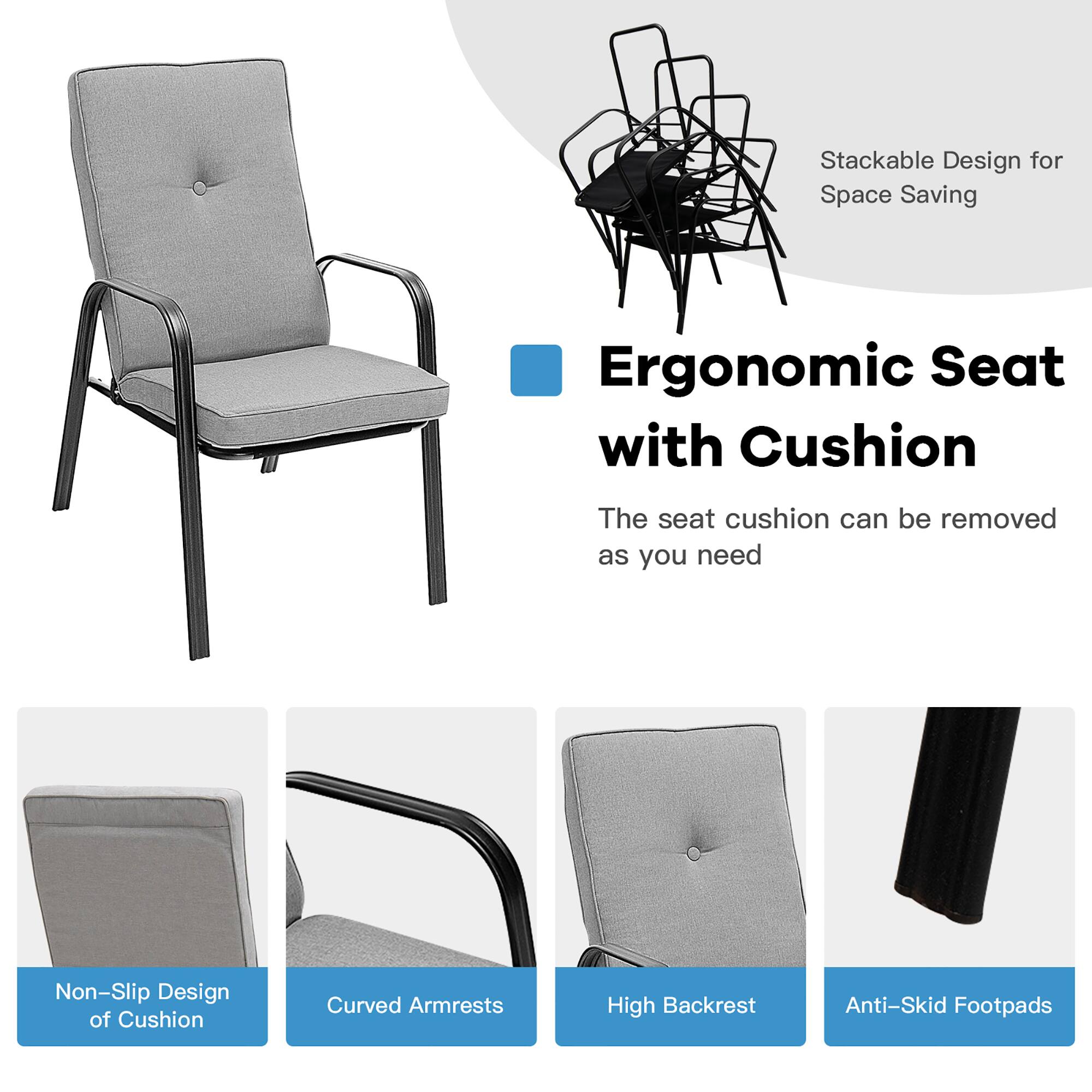 - Stackable Design for Space Saving
- Ergonomic Seat with Cushion
- The seat cushion can be removed as you need
- Non-Slip Design of Cushion
- Curved Armrests
- High Backrest
- Anti-Skid Footpads