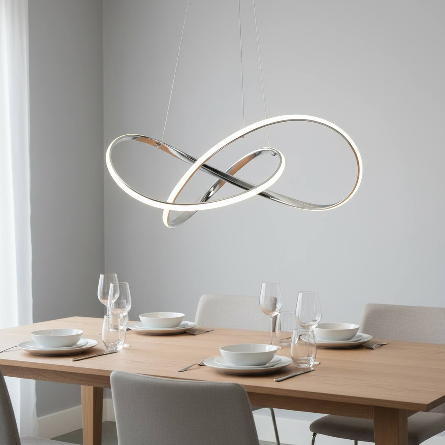 Back. Umeiluce - Modern 40W Integrated LED Abstract Ribbon Pendant Light, 3000K Dimmable Geometric Chandelier, Chrome.