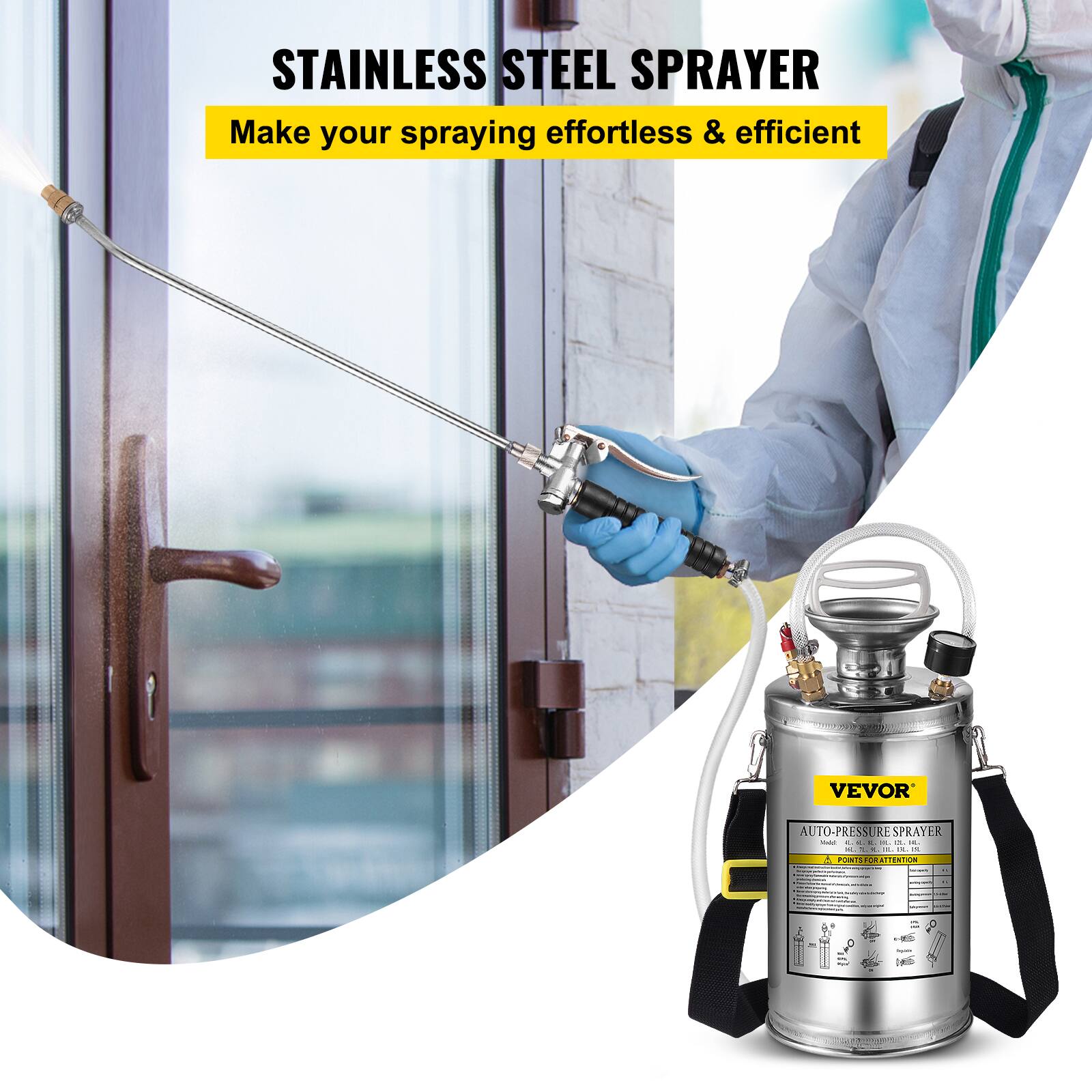 STAINLESS STEEL SPRAYER  
Make your spraying effortless & efficient  

VEVOR AUTO-PRESSURE SPRAYER  
Model: VES-1000  
4 POTS ATTENTION