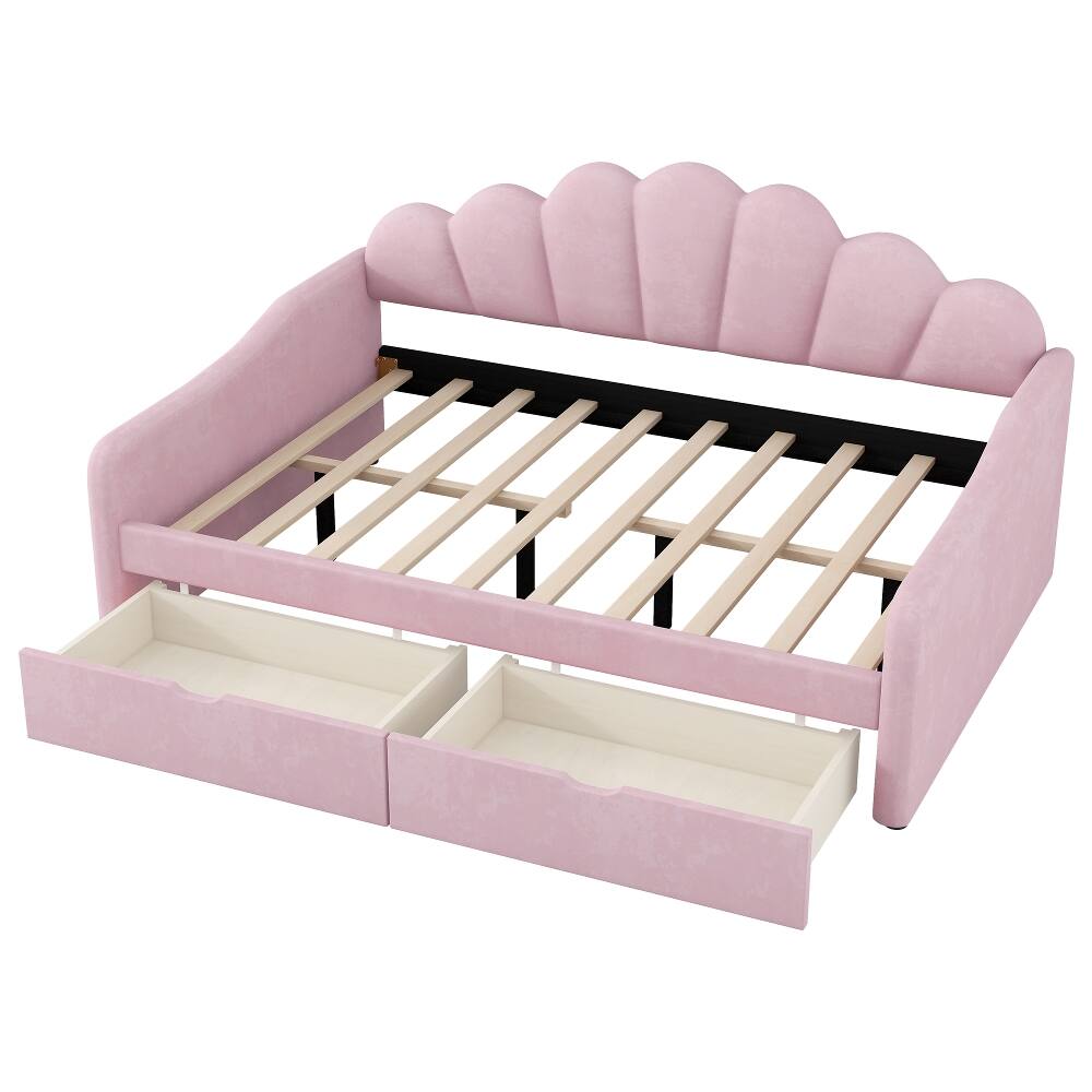 Alt View 8. Loheer - Loheer Full Size Pink Velvet Daybed with 2 Storage Drawers and Shell Shaped Backrest - Pink.