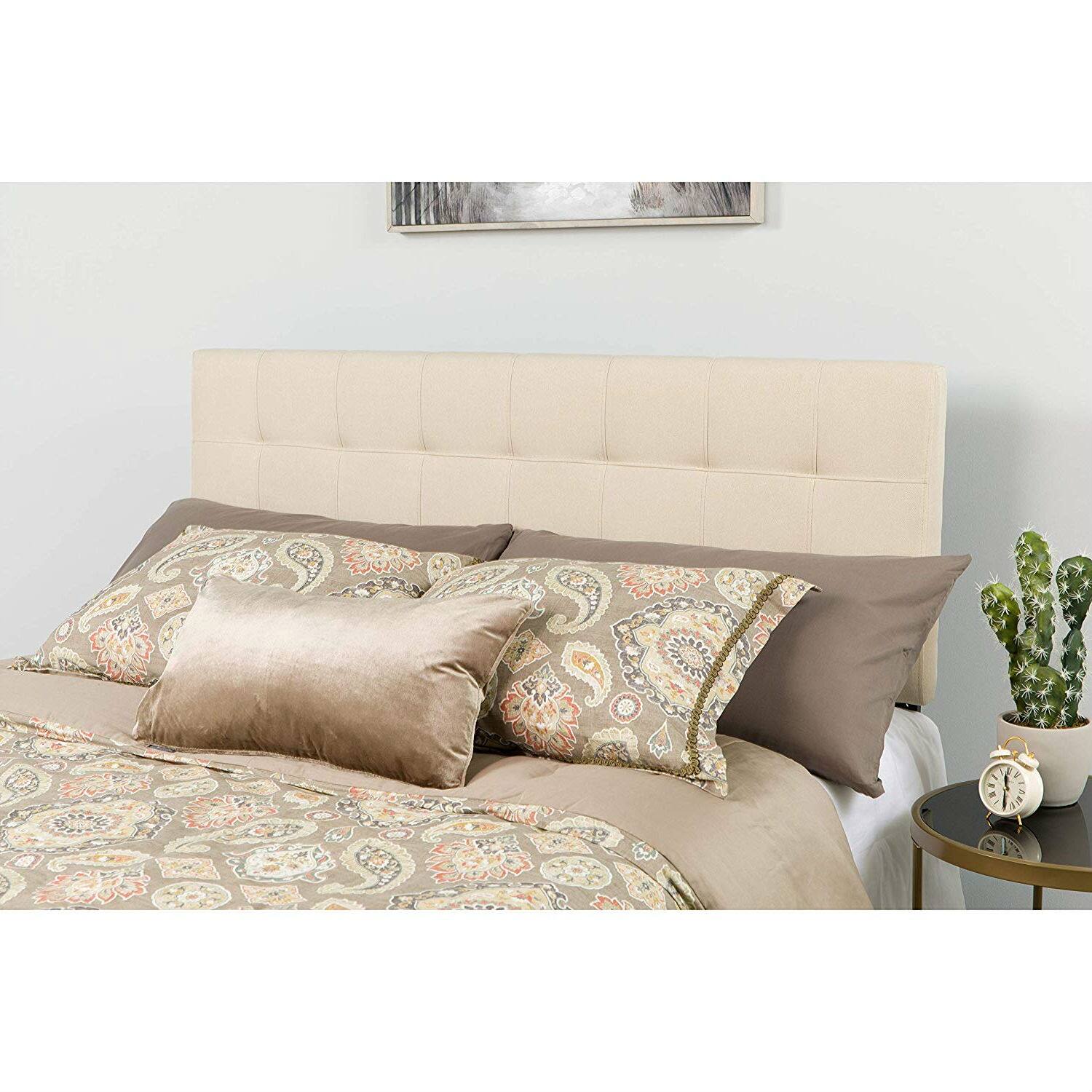Angle. Hivvago - Queen size Beige Taupe Fabric Upholstered Panel Headboard - Beige.