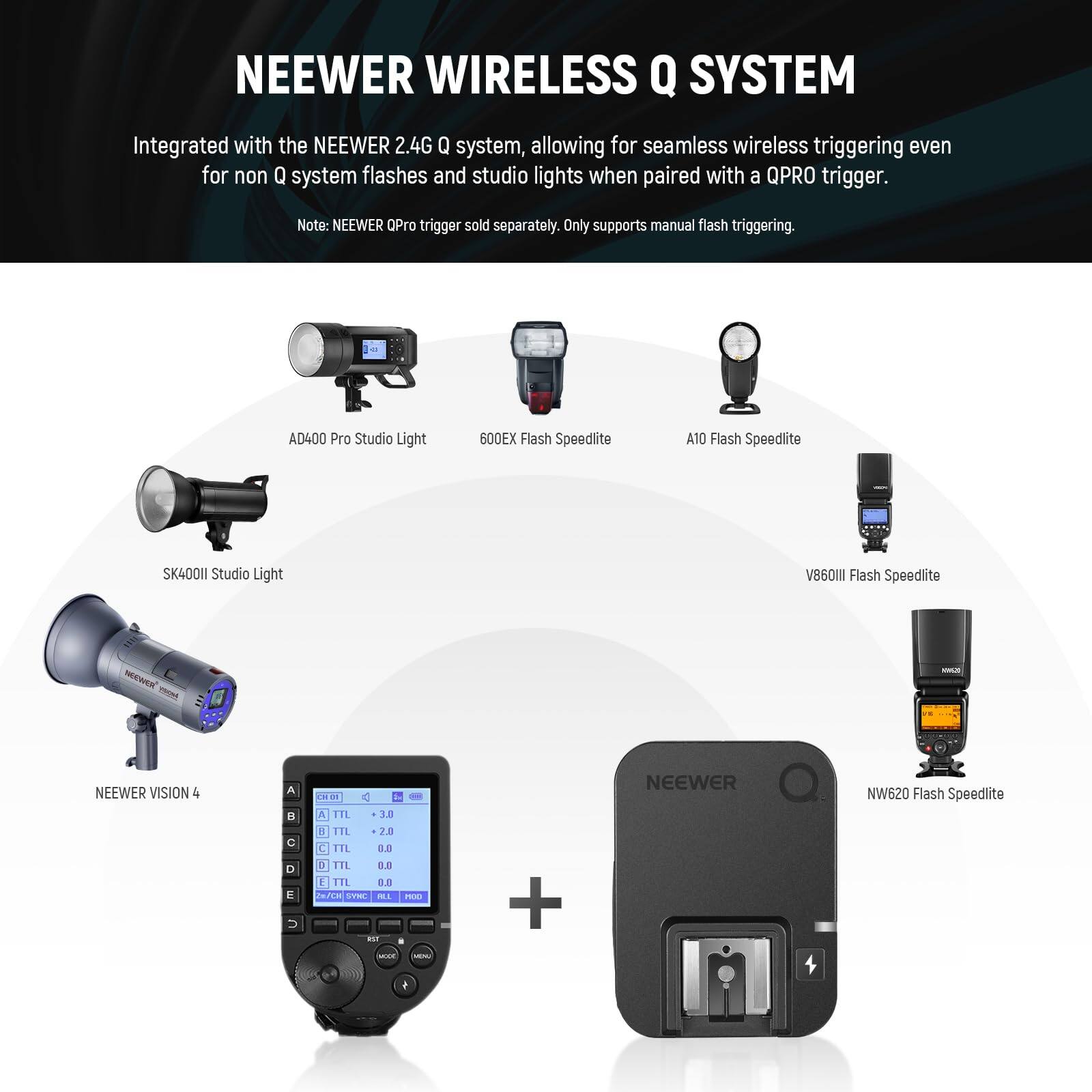 NEEWER WIRELESS Q SYSTEM

Integrated with the NEEWER 2.4G Q system, allowing for seamless wireless triggering even for non Q system flashes and studio lights when paired with a QPRO trigger. Note: NEEWER QPRO trigger sold separately. Only supports manual flash triggering.

- AD400 Pro Studio Light
- 600EX Flash Speedlite
- A10 Flash Speedlite
- SK400II Studio Light
- V860III Flash Speedlite
- NEEWER VISION 4
- NW620 Flash Speedlite