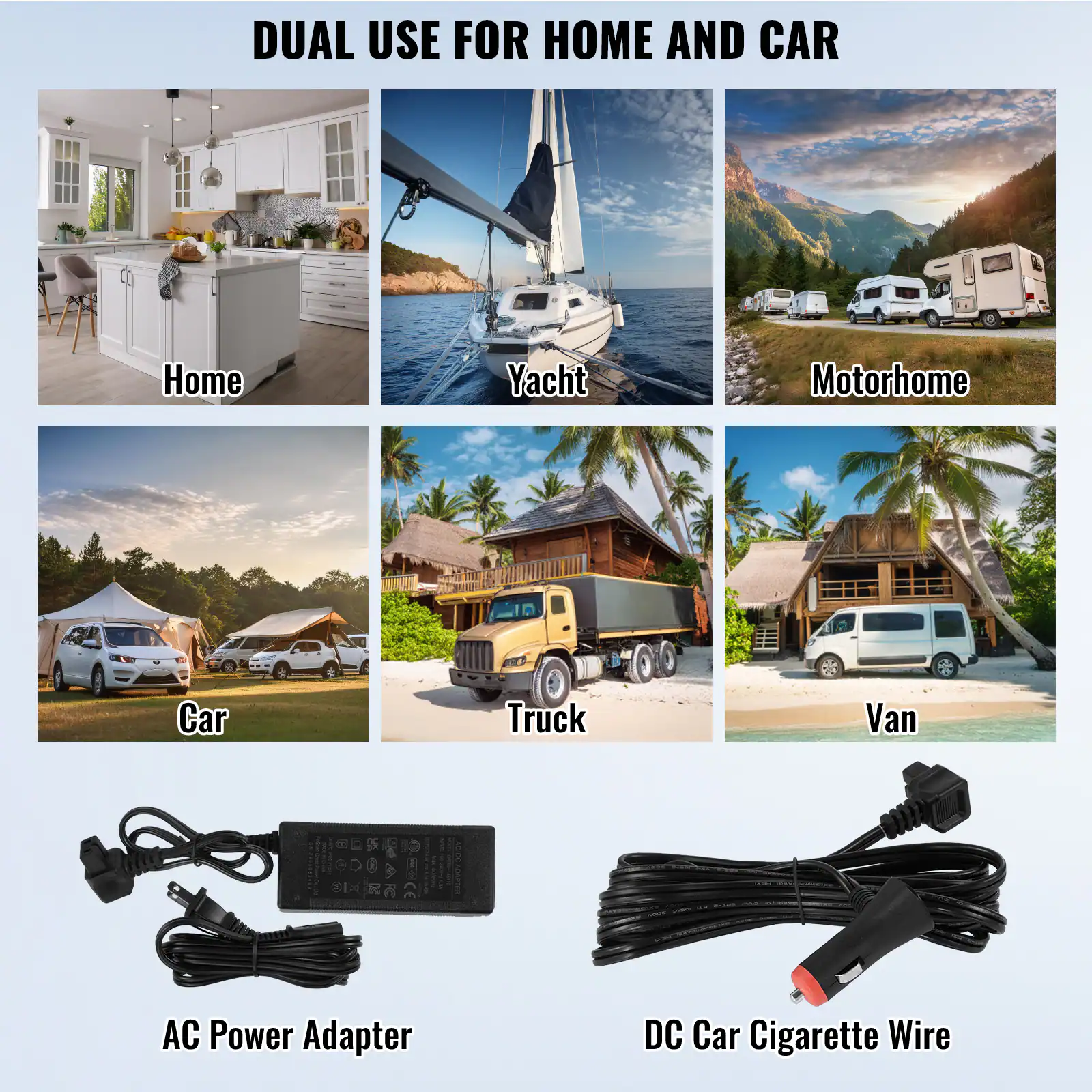 DUAL USE FOR HOME AND CAR: Home, Yacht, Motorhome, Car, Truck, Van. AC Power Adapter, DC Car Cigarette Wire.