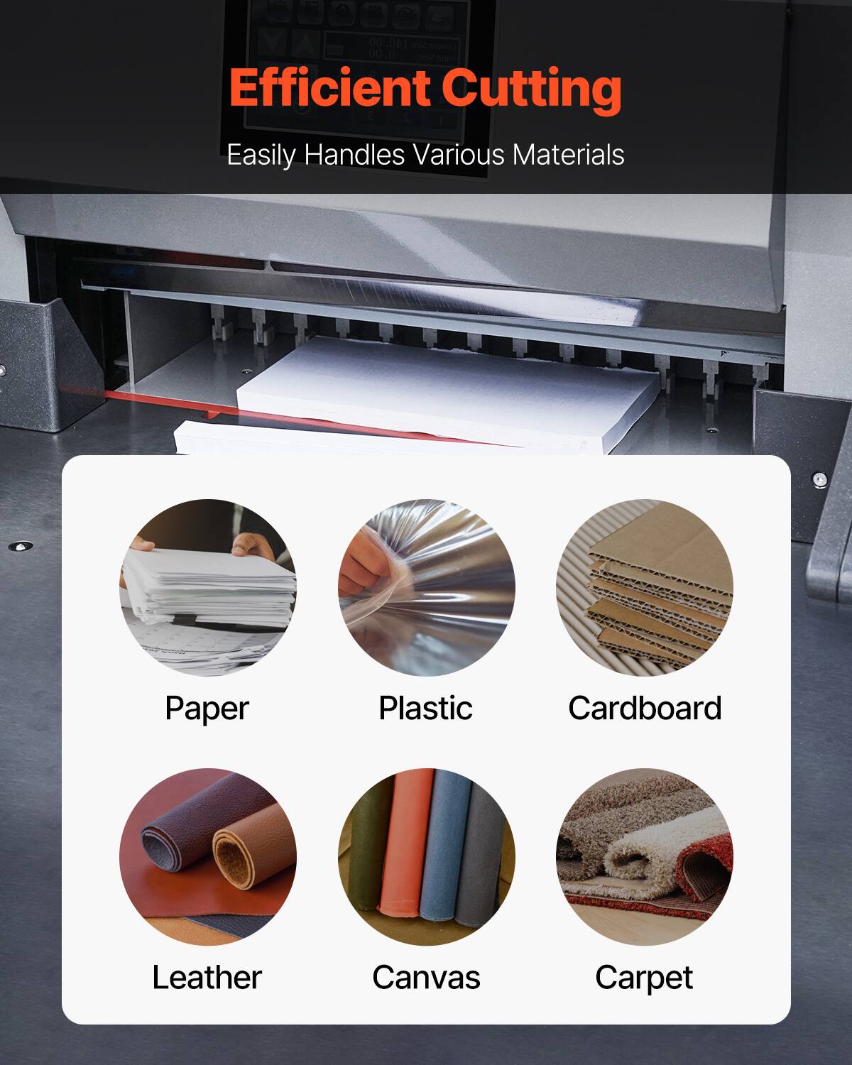 JO 40.  
Efficient Cutting  
Easily Handles Various Materials  
Paper  
Plastic  
Cardboard  
Leather  
Canvas  
Carpet