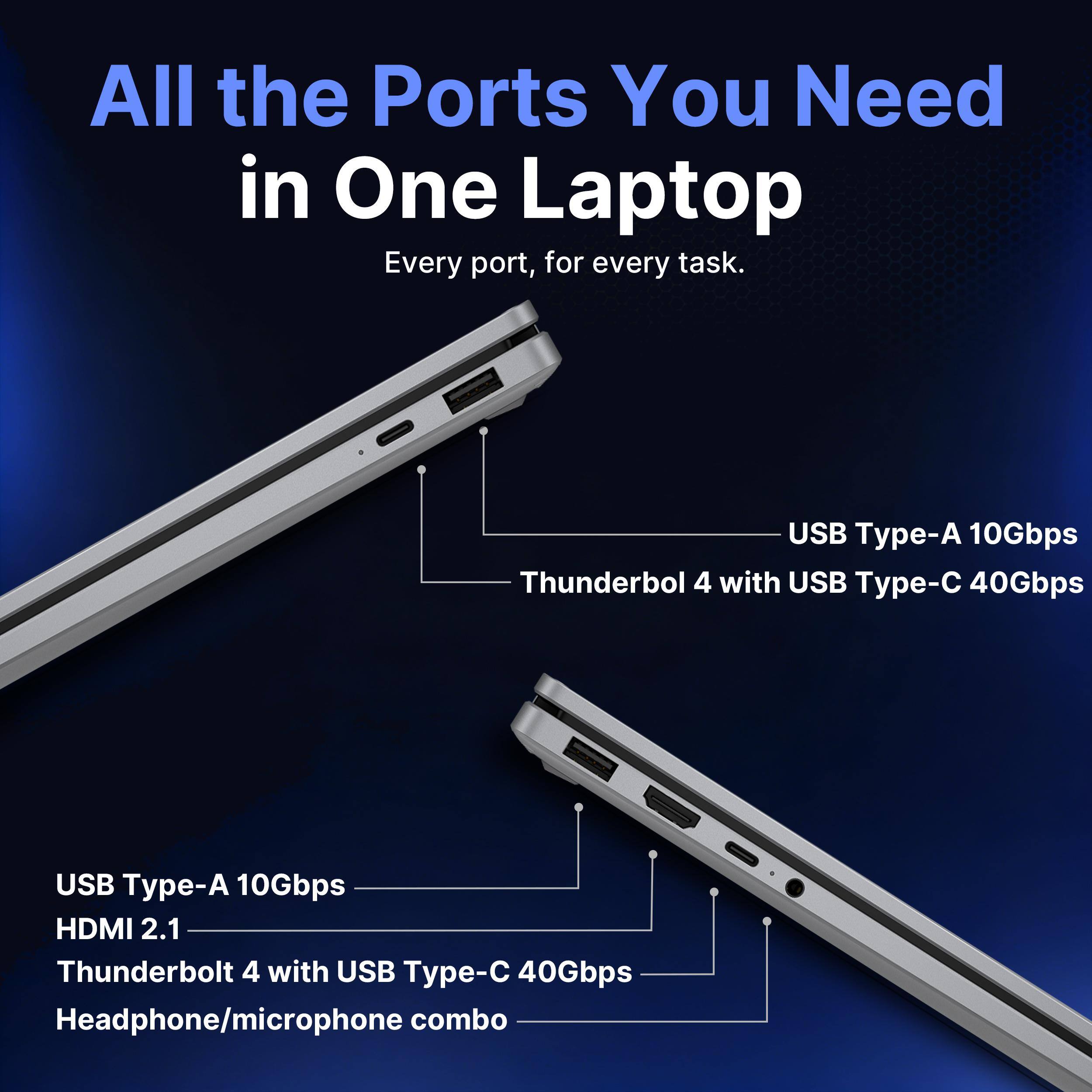 All the Ports You Need in One Laptop  
Every port, for every task.  

USB Type-A 10Gbps  
Thunderbolt 4 with USB Type-C 40Gbps  
USB Type-A 10Gbps  
HDMI 2.1  
Thunderbolt 4 with USB Type-C 40Gbps  
Headphone/microphone combo