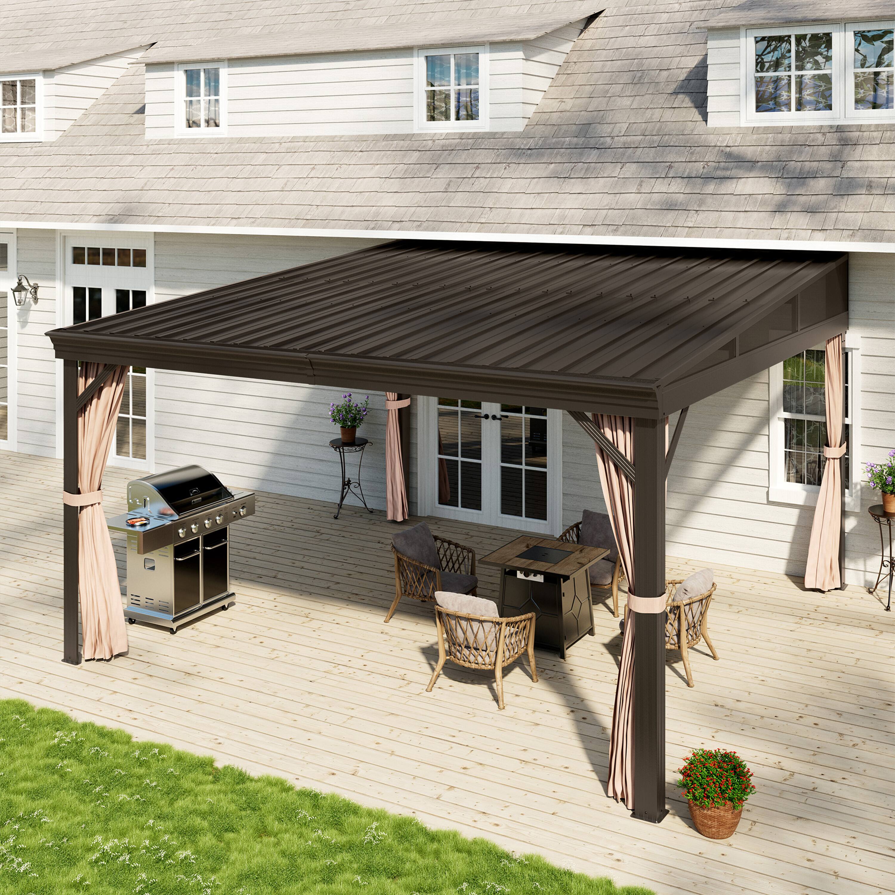 Back. Mondawe - 12x14 ft Wall-Mounted Hardtop Gazebo with Aluminum Frame, Galvanized Steel Roof, Sunroom, Curtain, and Netting - Black.